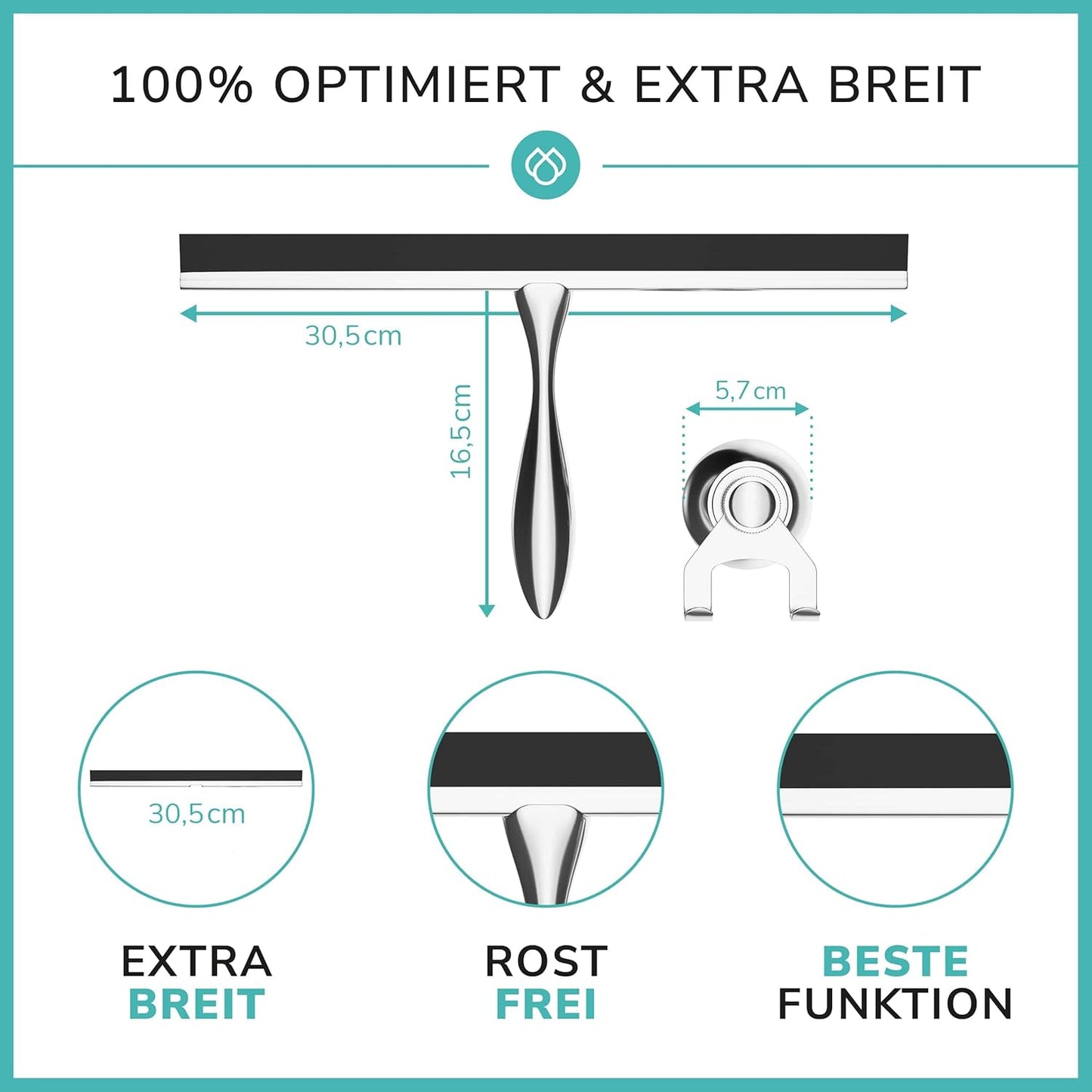 Extra breiter Duschabzieher mit Saugnapf, 30 cm