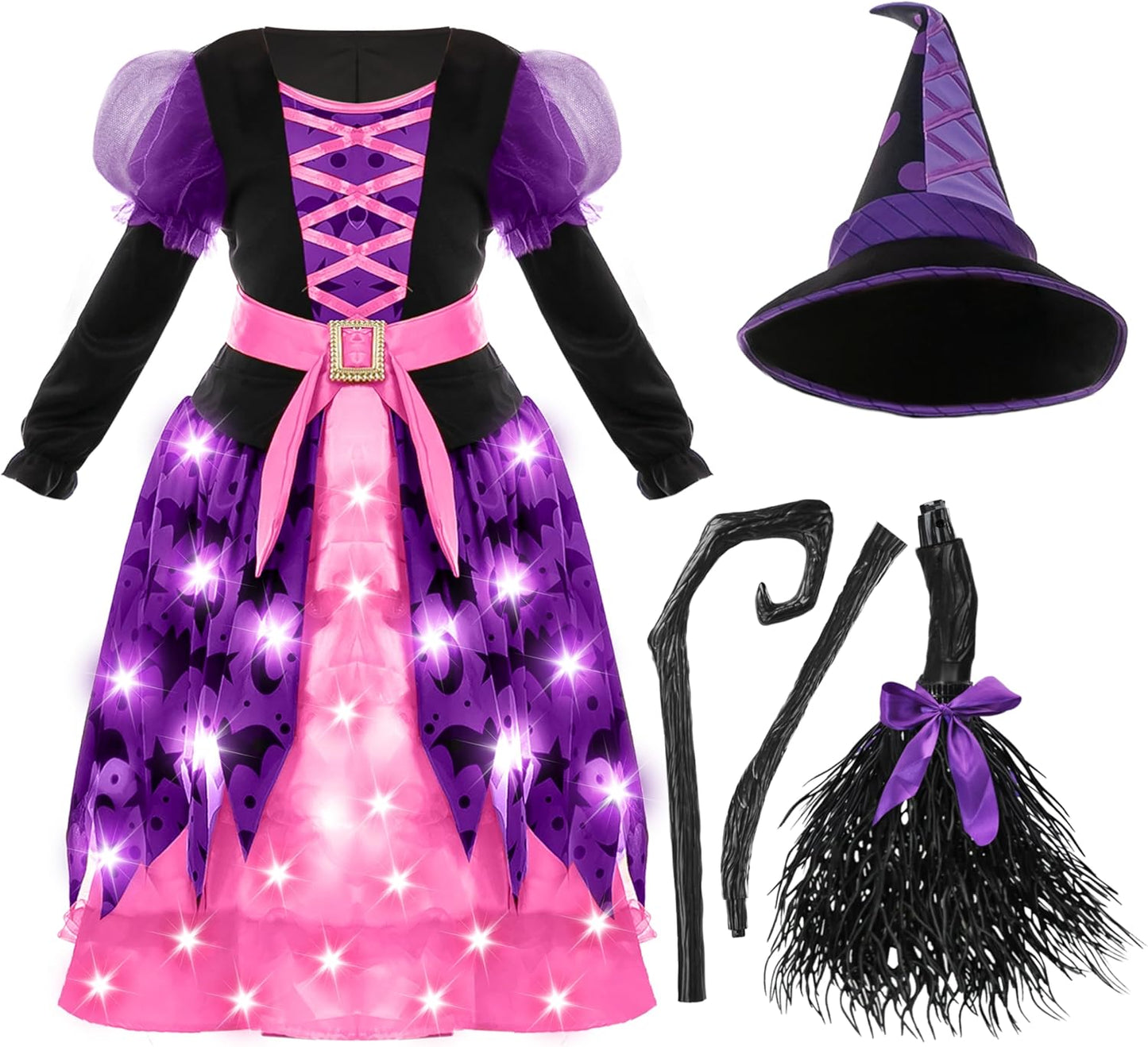 Hexenkostüm für Mädchen mit Leuchteffekt, Rosa Medium (8-10 yrs)