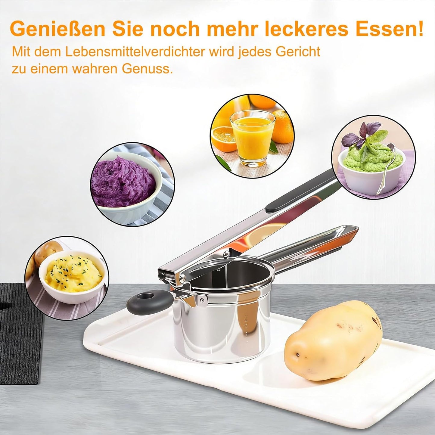 Kartoffelpresse mit 4 Schneidplatten und Zubehör