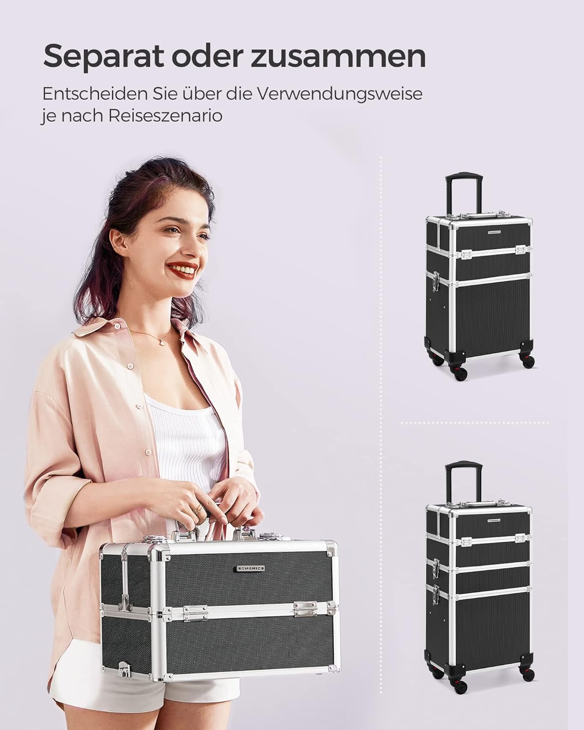 4-in-1 Schminkkoffer, abschliessbar mit Rollen, Schwarz 35 x 25 x 79 cm