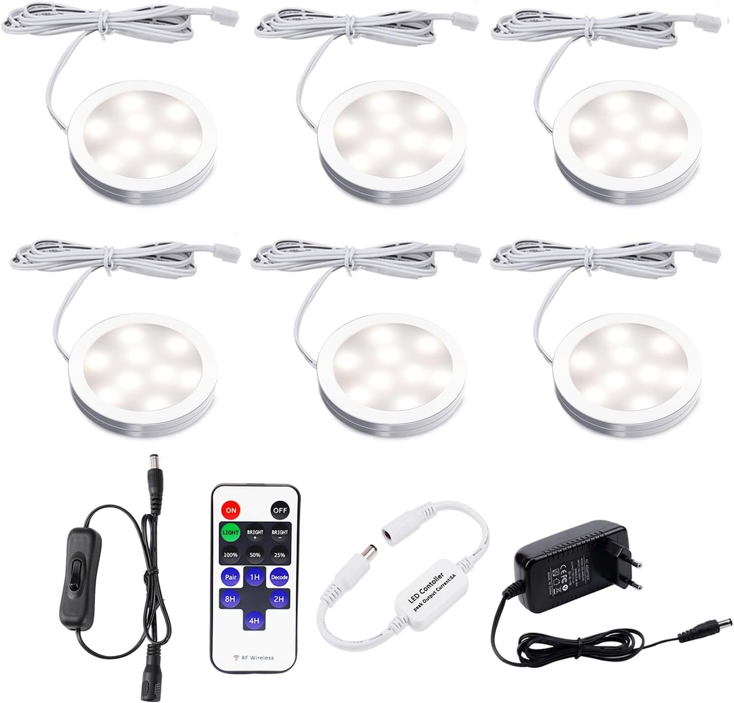 6-er Set LED-Unterbauleuchte mit Fernbedienung, Neutralweiss 4000k 6 Stück
