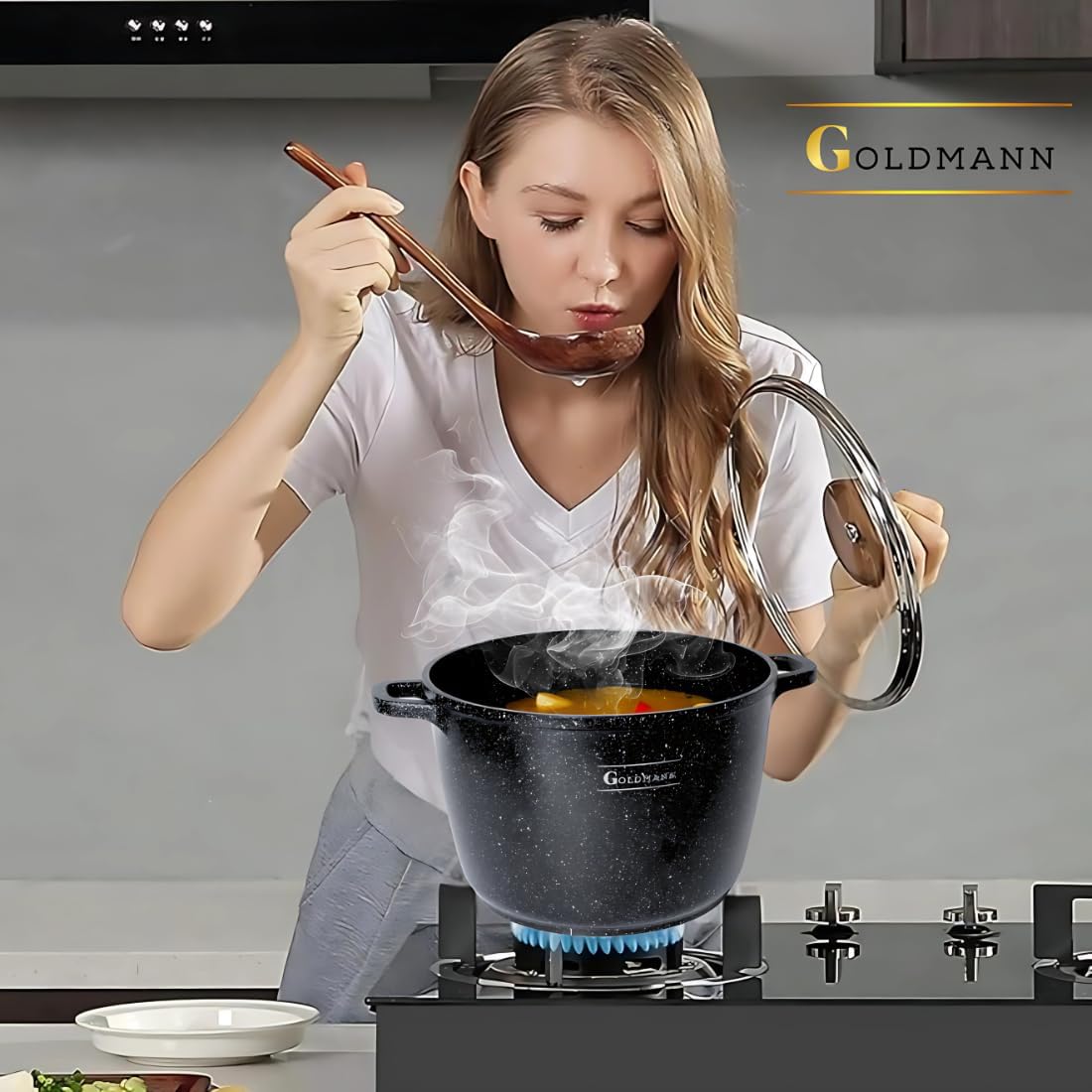 Aluguss-Kochtopf mit Glasdeckel, Schwarz 6.2L - Ø 24 CM