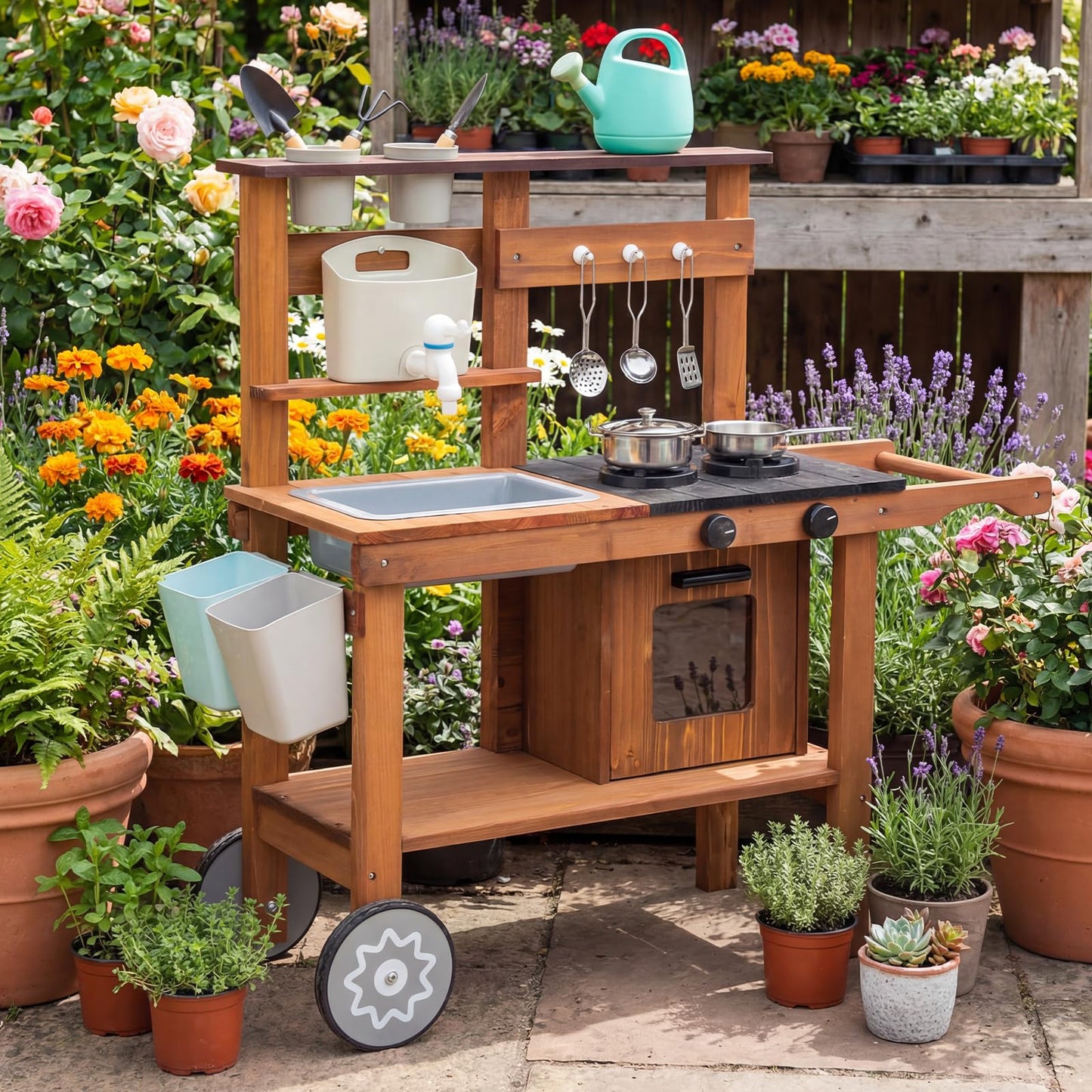 Outdoor-Matschküche mit Rädern und Zubehör