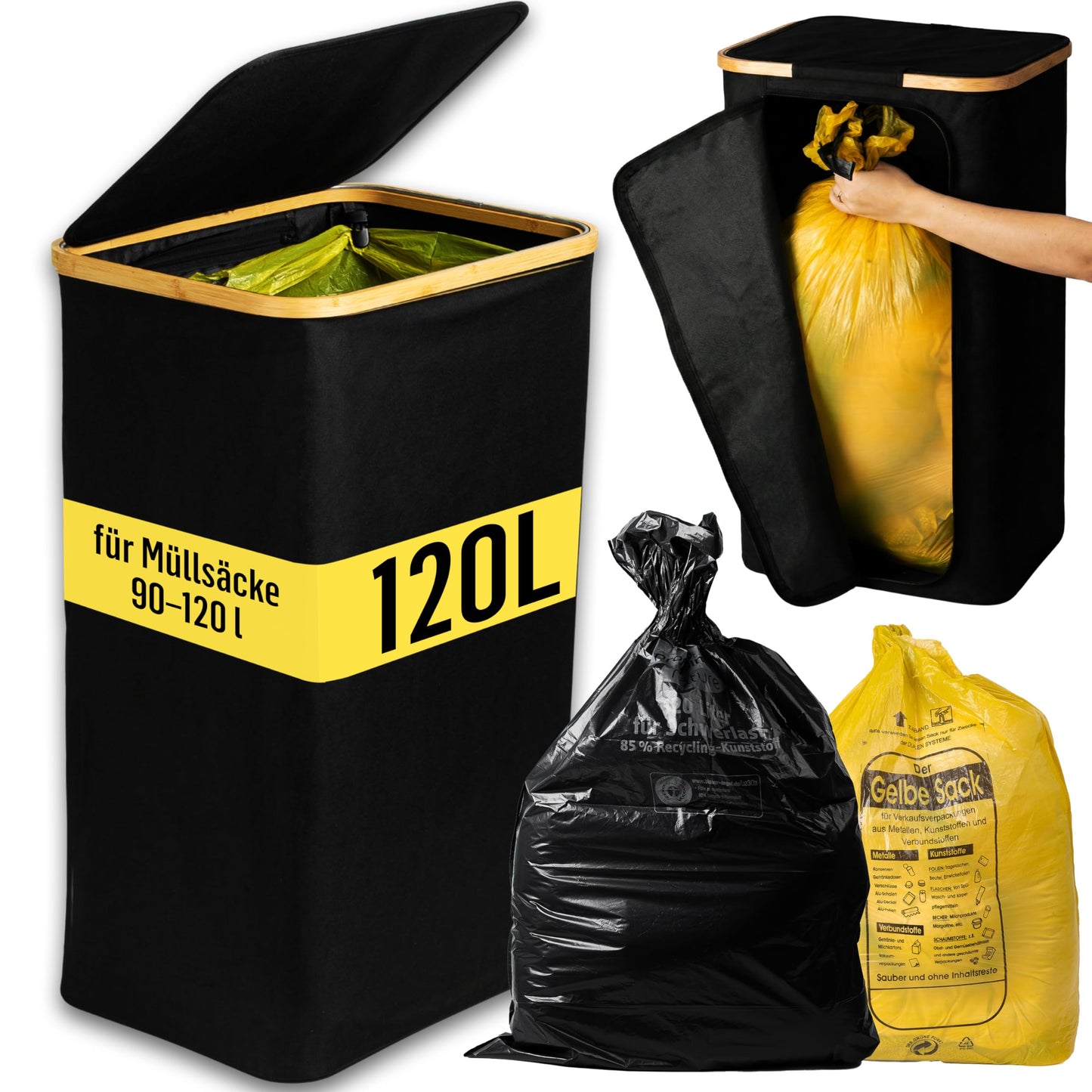 Müllsackständer mit Bambusrahmen, 120L - Schwarz