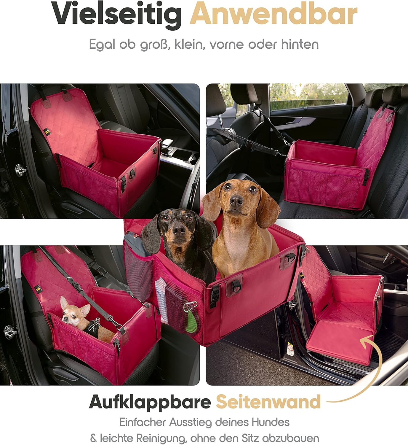 Hundeautositz mit verstärkten Wänden und Gurten, Standardgrösse Rot