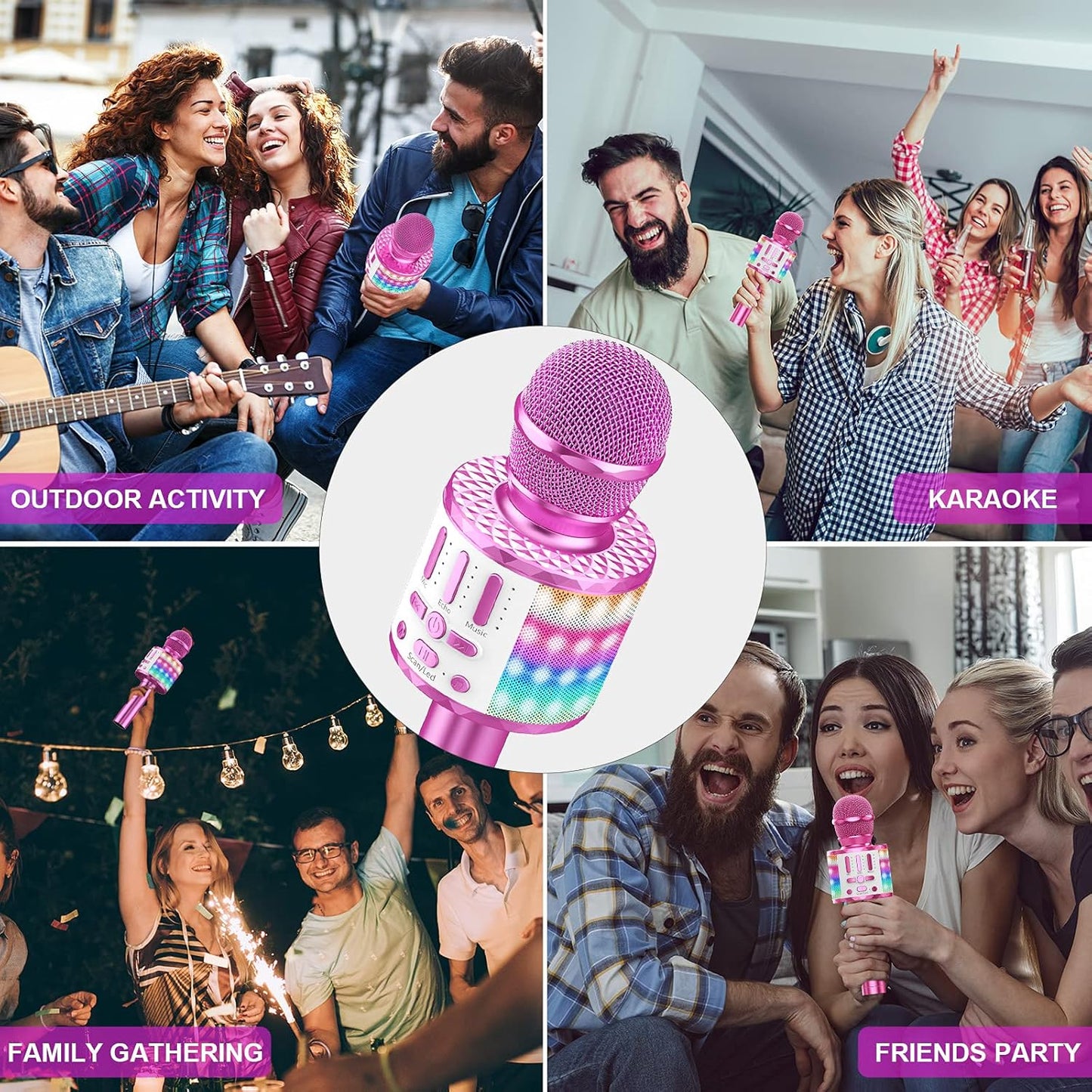Karaoke Mikrofon mit Bluetooth und LEDs, Rosa