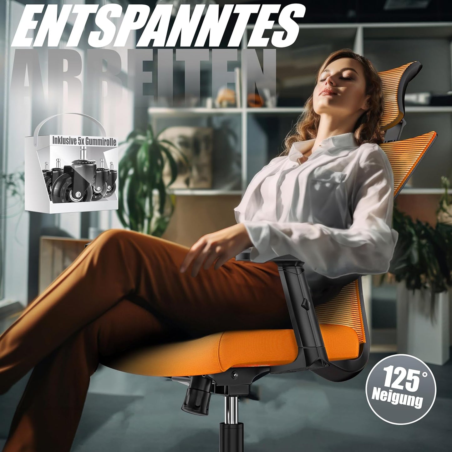 Ergonomischer Bürostuhl mit Wippfunktion und Lendenstütze, Orange / Schwarz