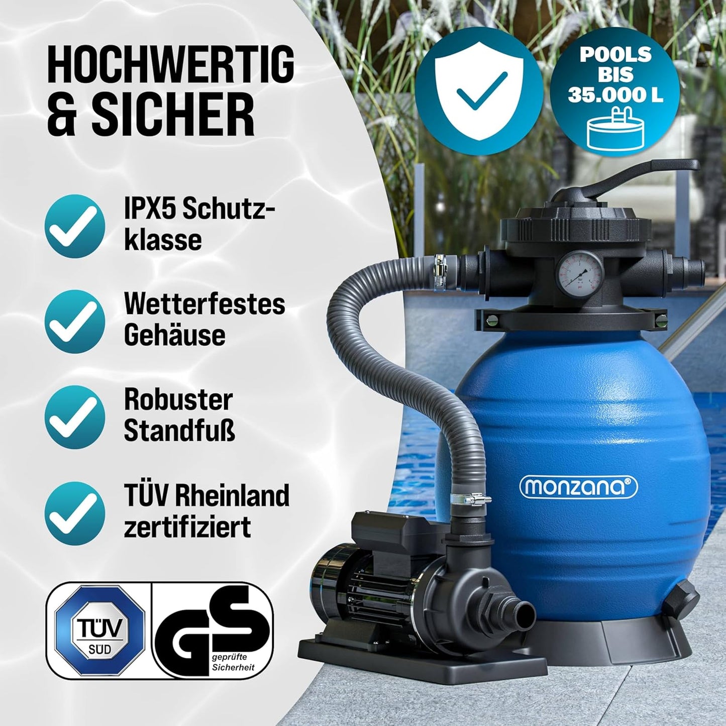 Sandfilteranlage mit 4-Wege-Ventil und Filterglas, 10.200 L/H mit Filterglas