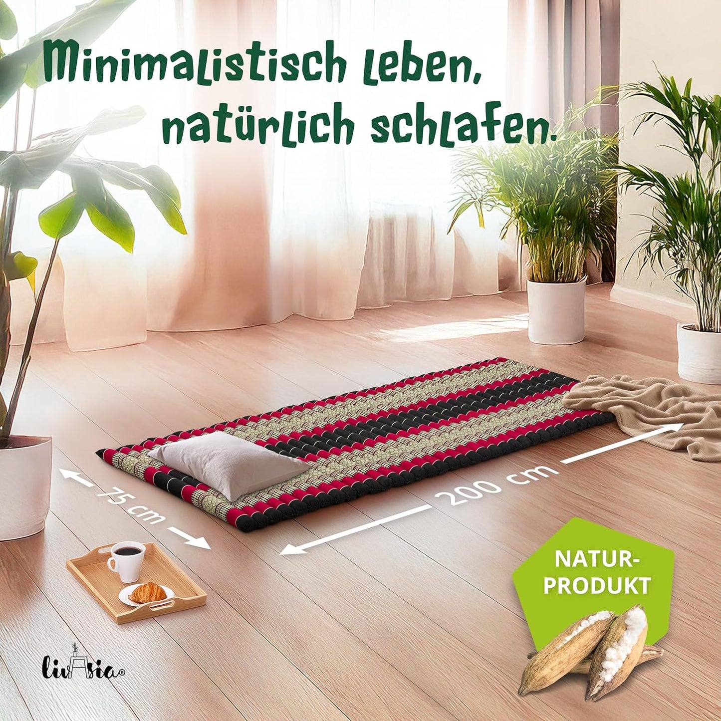 Rollmatratze Gästebett Thaimatte (200x75cm), M (200 x 75 cm) Schwarz/Rot
