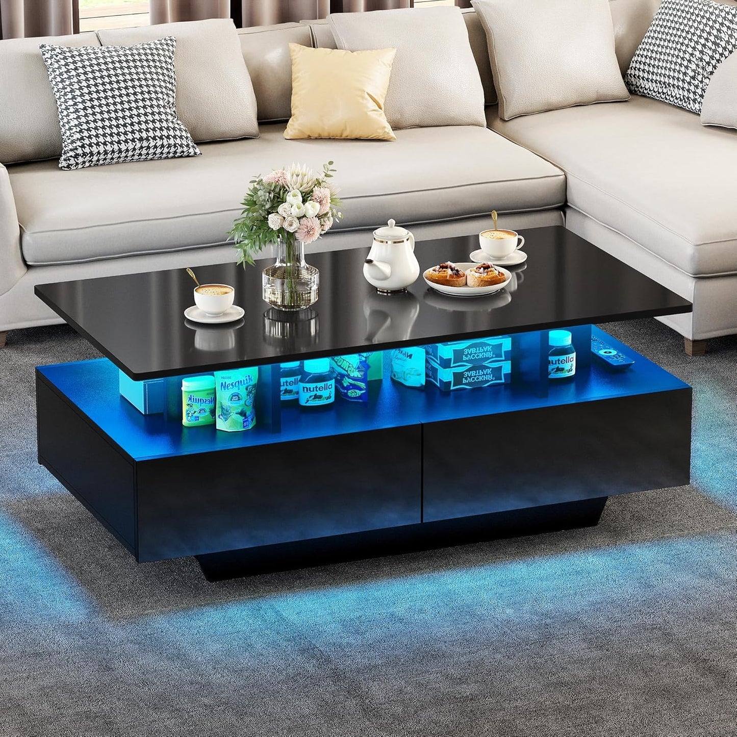Moderner Couchtisch mit LED-Beleuchtung und Schubladen, Schwarz