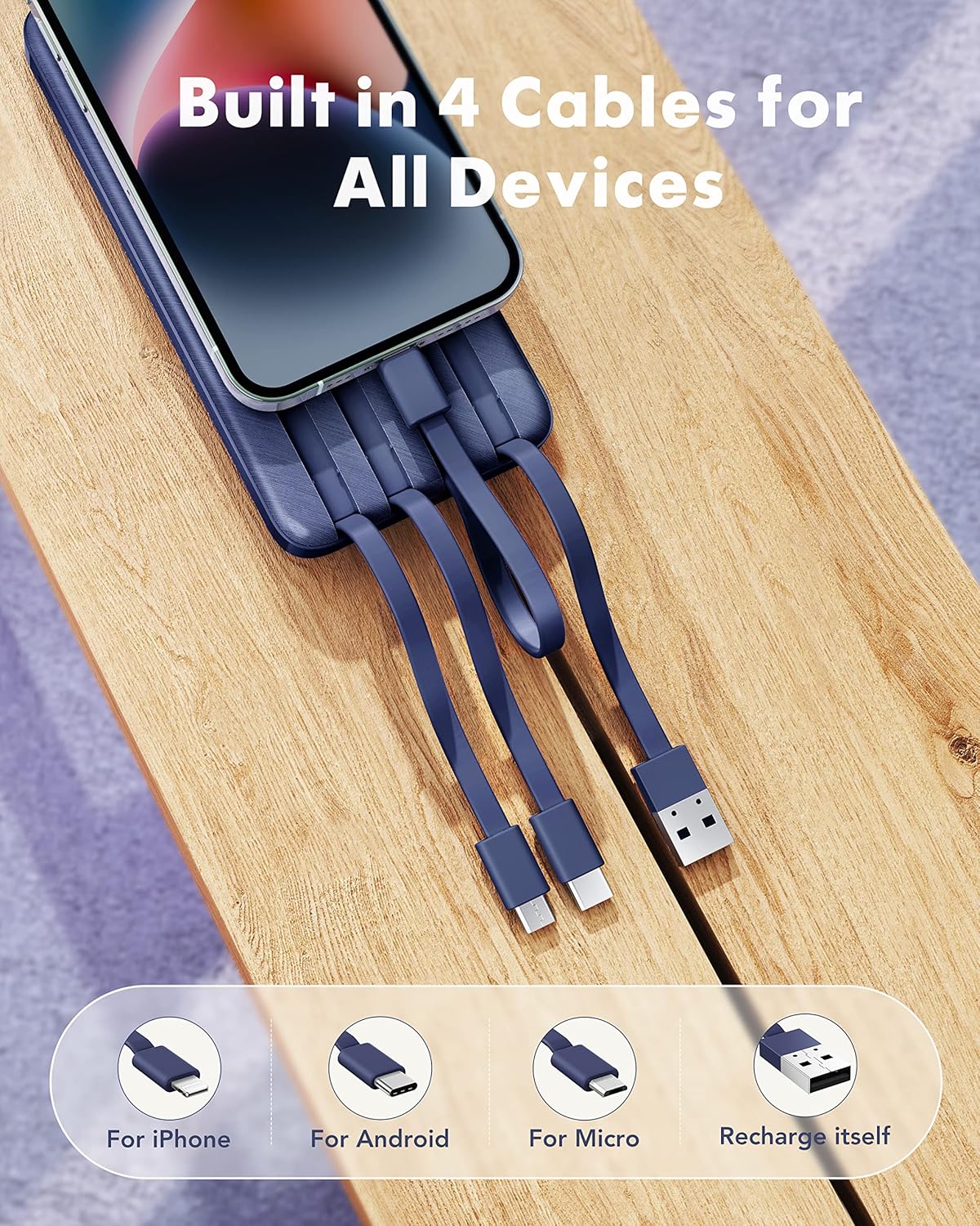 Powerbank mit 4 integrierten Ladekabeln, Blau