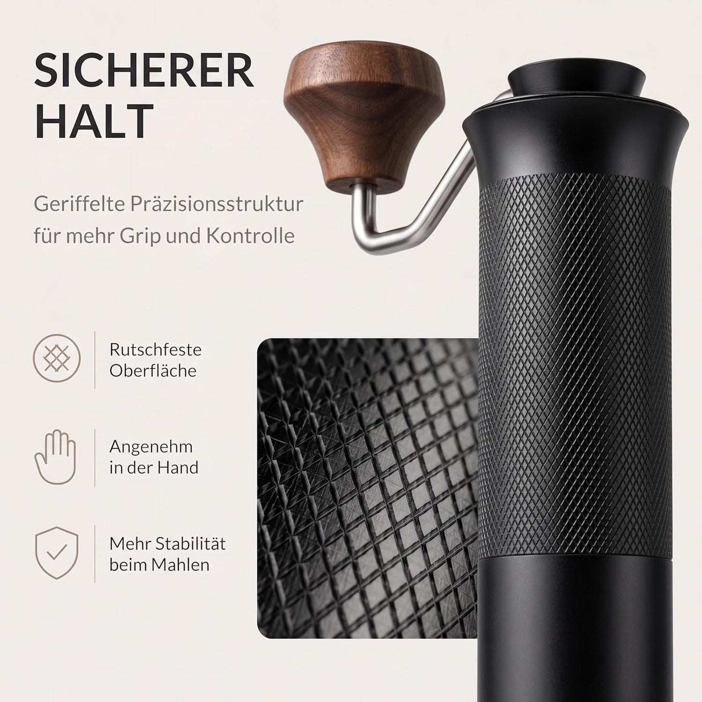 Handkaffeemühle mit Kegelmahlwerk, Walnussgriff