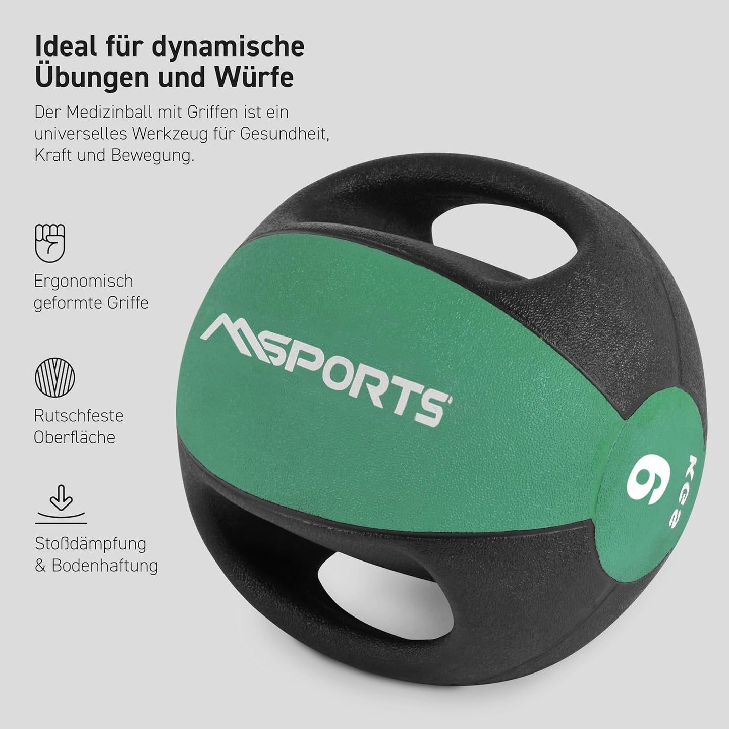 Medizinball mit Griffen, 9 kg - Smaragdgrün