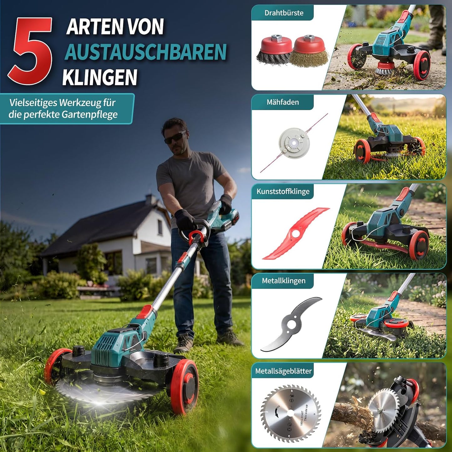 5-in-1 Akku-Rasentrimmer mit Unkrautbürste, Rot