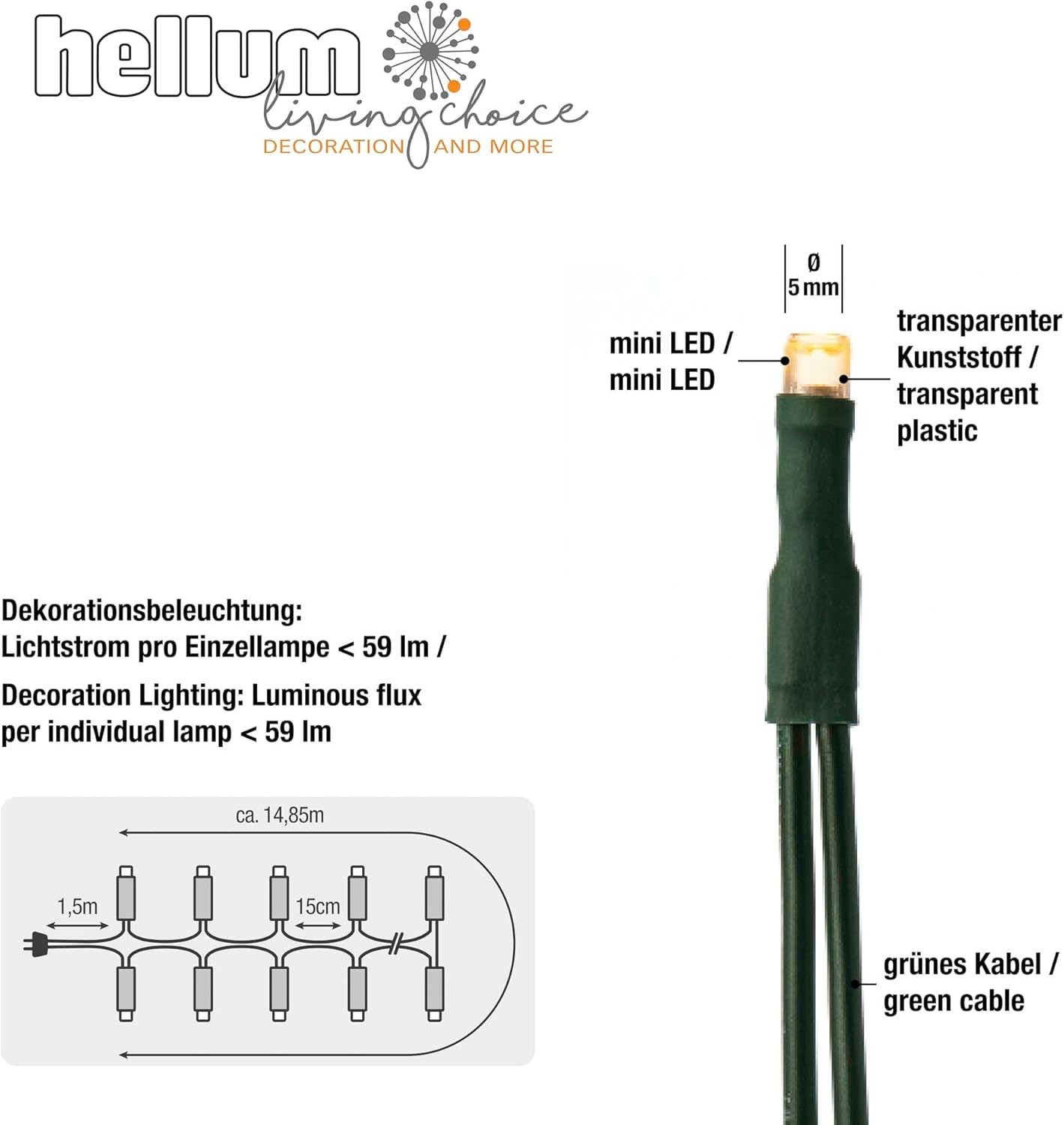 LED-Lichterkette, Klassisch Warmweiss / Kabel Grün 100 LED / 14,85m