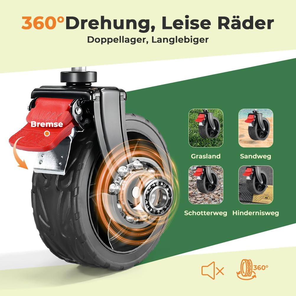 Faltbarer Bollerwagen mit Bremsen und All Terrain Rädern, Schwarz XL