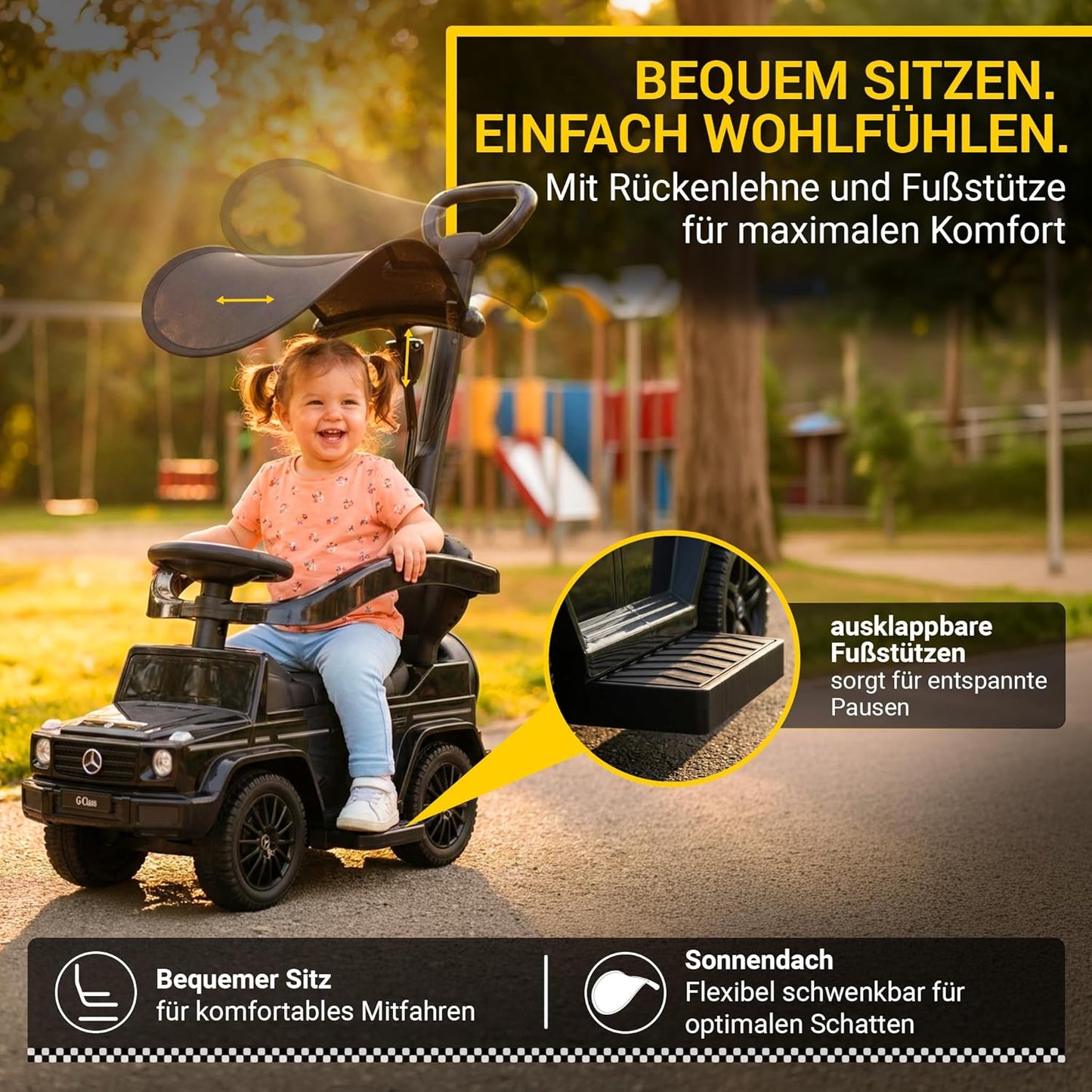 3in1 Rutschauto Mercedes G350d mit Schiebestange, Schutzbügel & Sonnendach, Schwarz 3in1