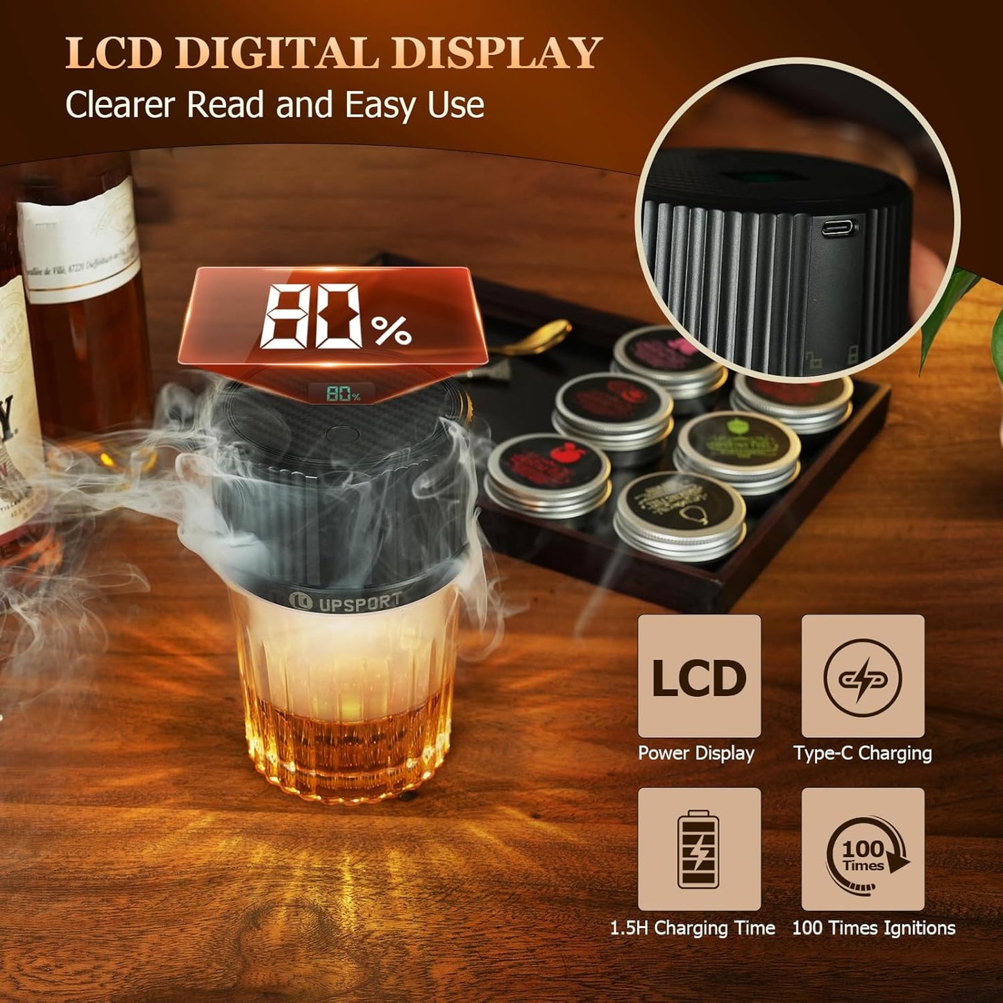 Elektrisches Cocktail-Smoker-Set mit 4 Lichtmodi