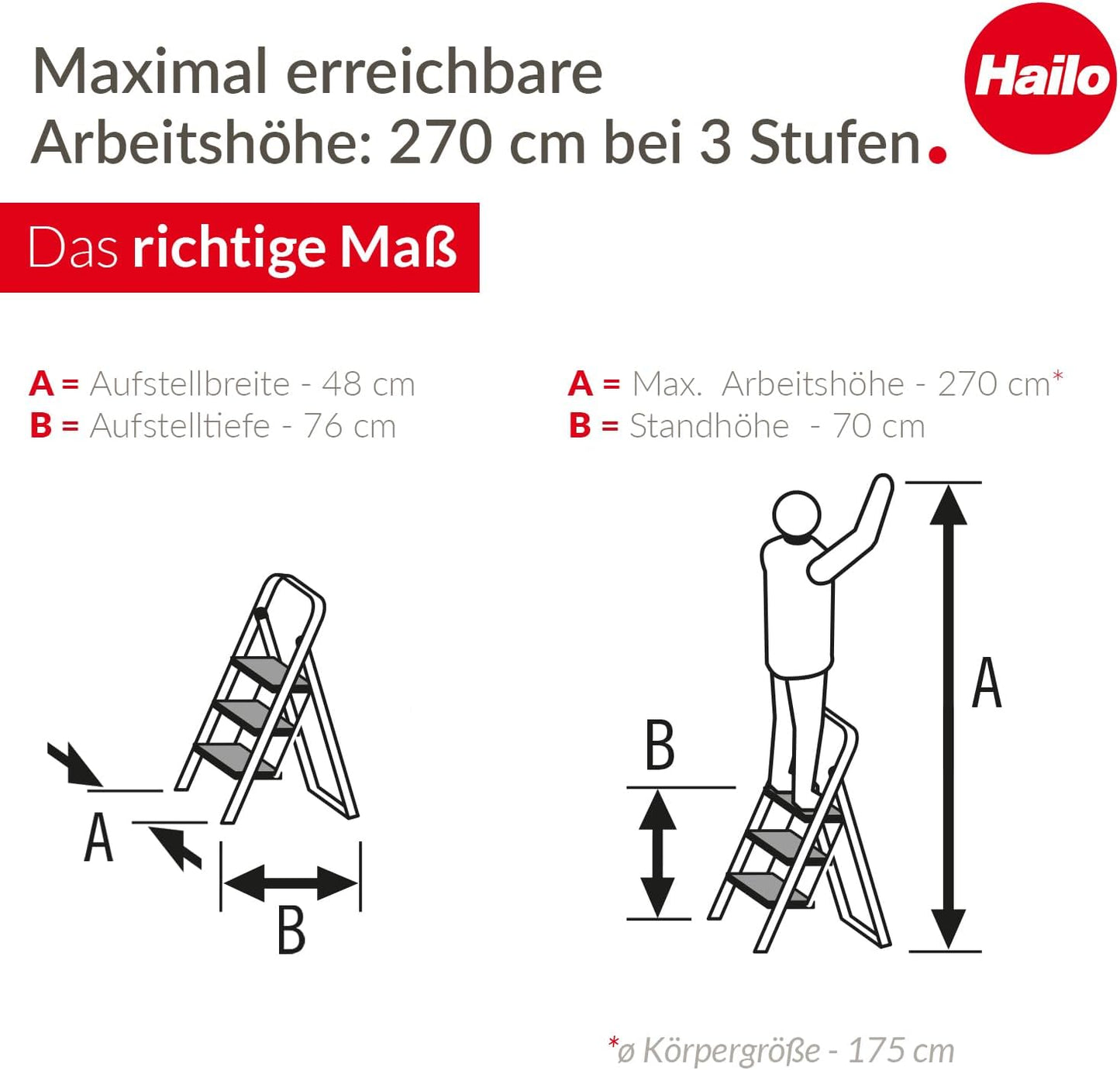 3-stufige Trittleiter K44 mit Anti-Rutsch-Matten, Schwarz 3 Stufen