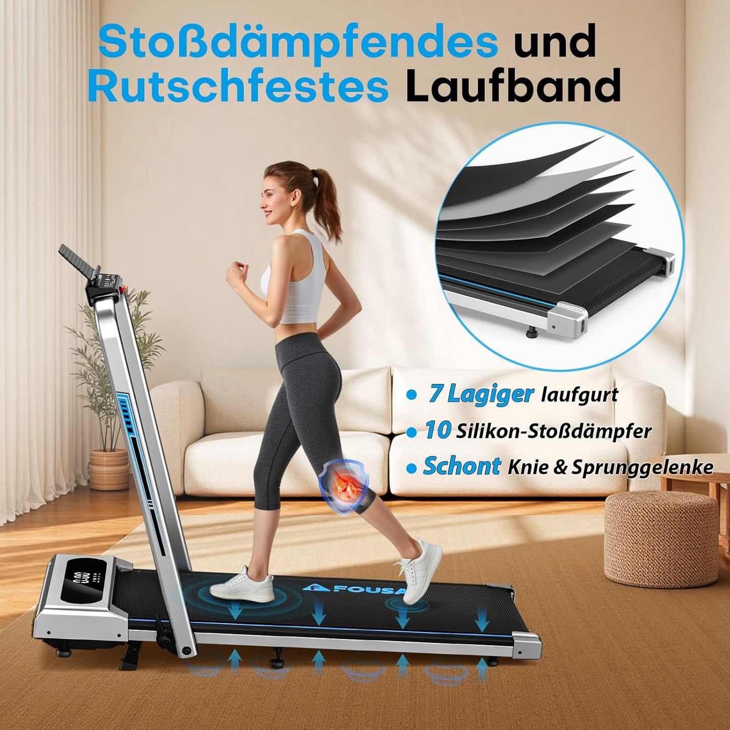 5-in-1 klappbares Laufband mit Steigung und App, Silber blau