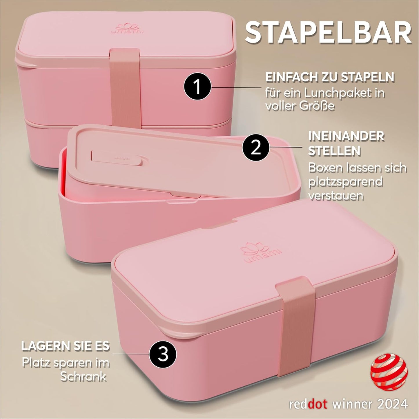 Auslaufsichere Bento Lunchbox mit Besteck & Fächern, Korallenrosa L - 1500 ml