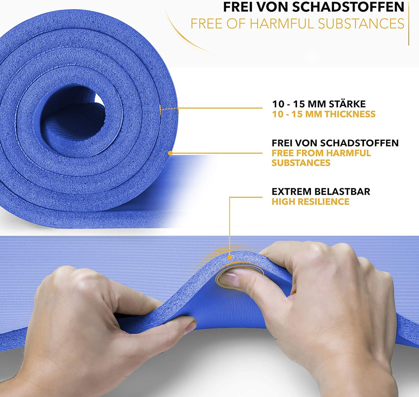Gymnastikmatte rutschfest mit Tragegurt, Dunkelblau 185 x 60 x 1,0cm