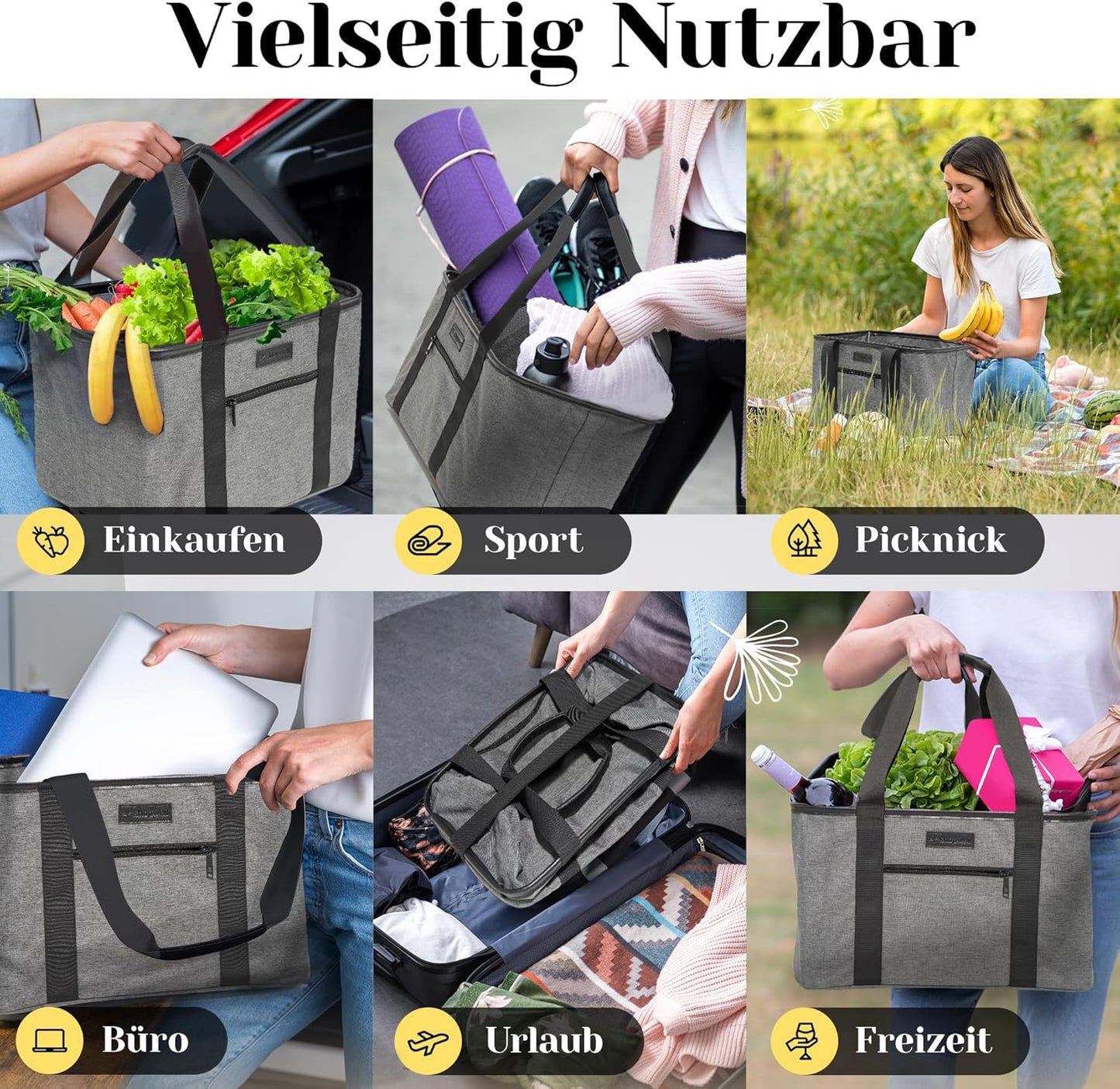 Faltbarer Einkaufskorb mit PU-Ledergriff (30L), Grau/Schwarz