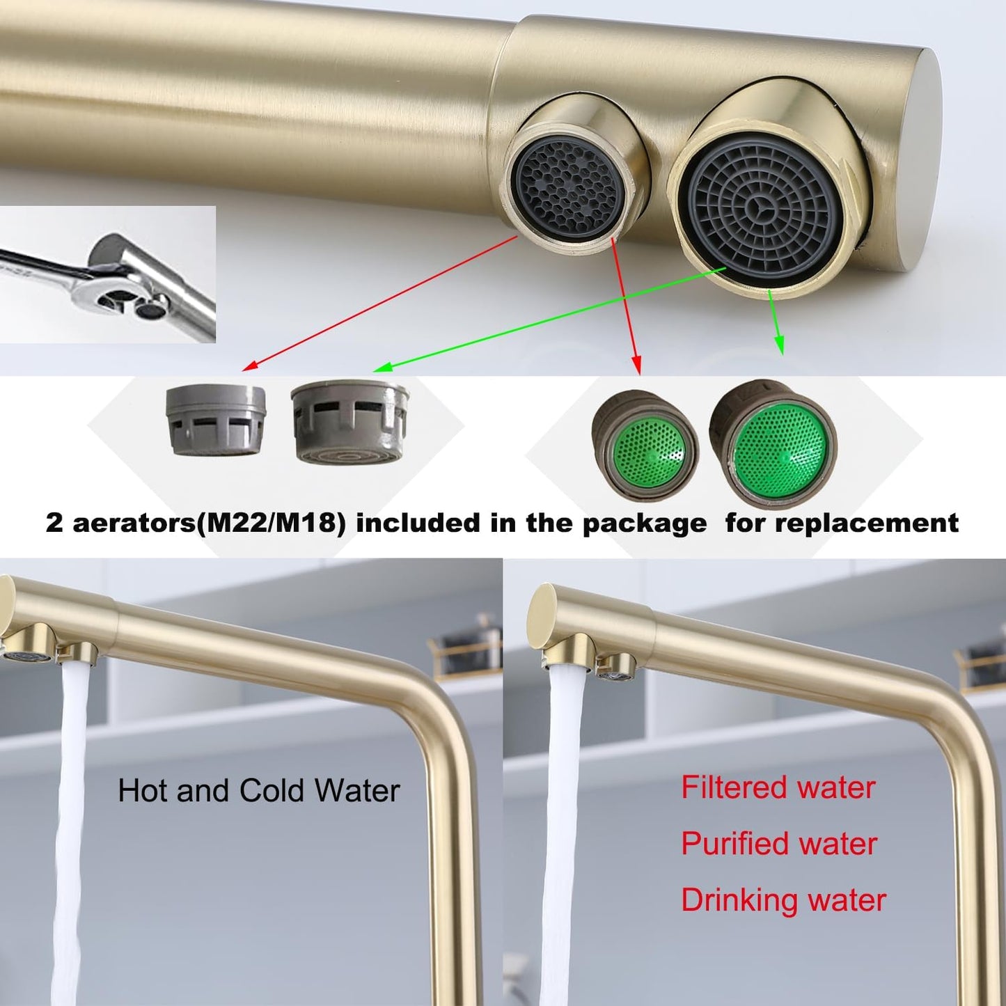 3-Wege Küchenarmatur, L-3 Ways Brushed Gold