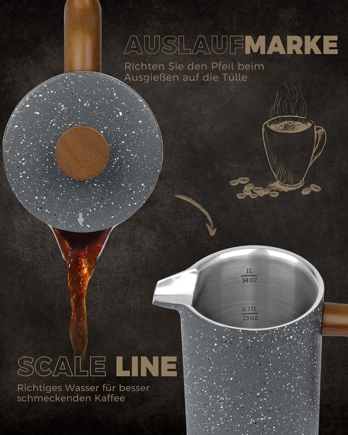 French Press Kaffeebereiter 1L, doppelwandig, mit Holzgriff, 1000 ml-1 Stein