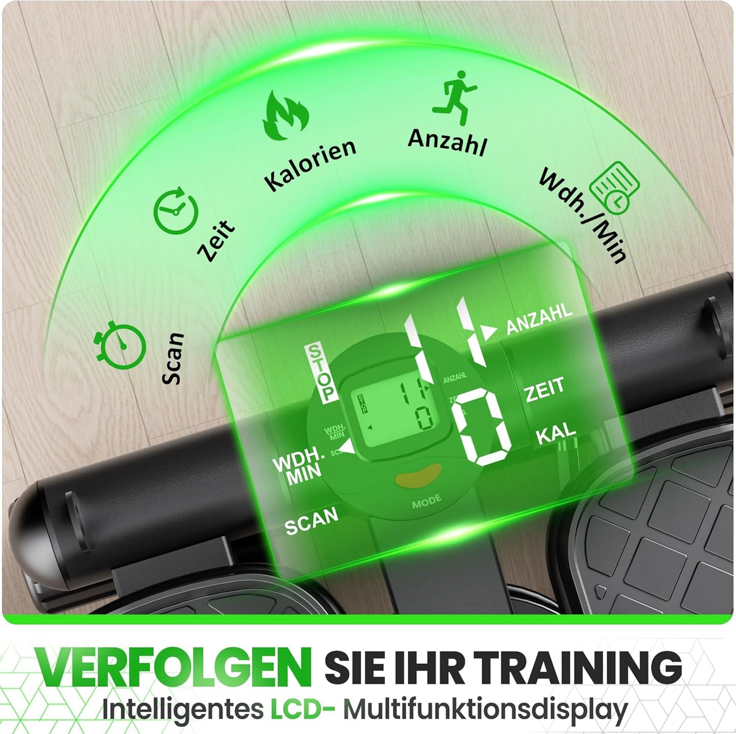 2-in-1 Mini Stepper mit Power Ropes und Display, Mini-Auf-/Ab-Schrittmotor