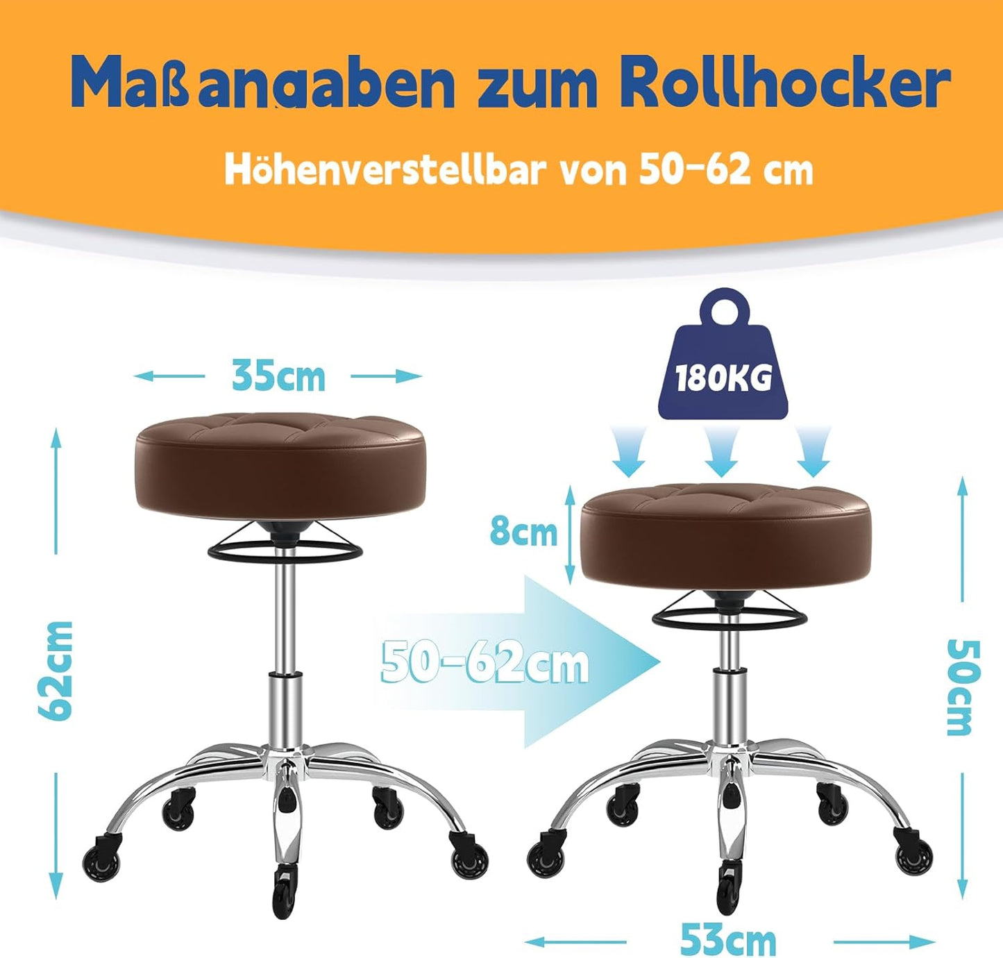 Höhenverstellbarer Rollhocker mit 360° Rollen, Braun