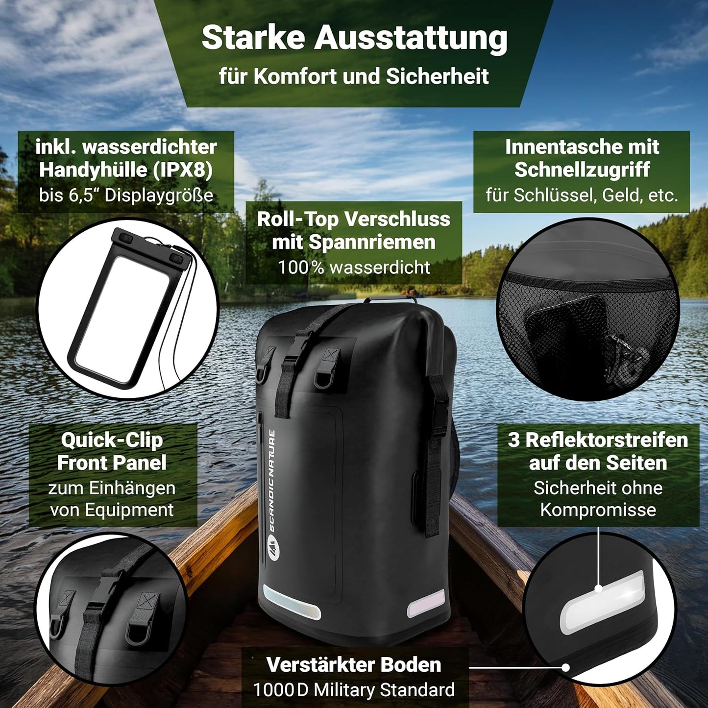 Wasserdichter Rucksack mit Rolltop-Verschluss und Handyhülle, Schwarz 35 Liter