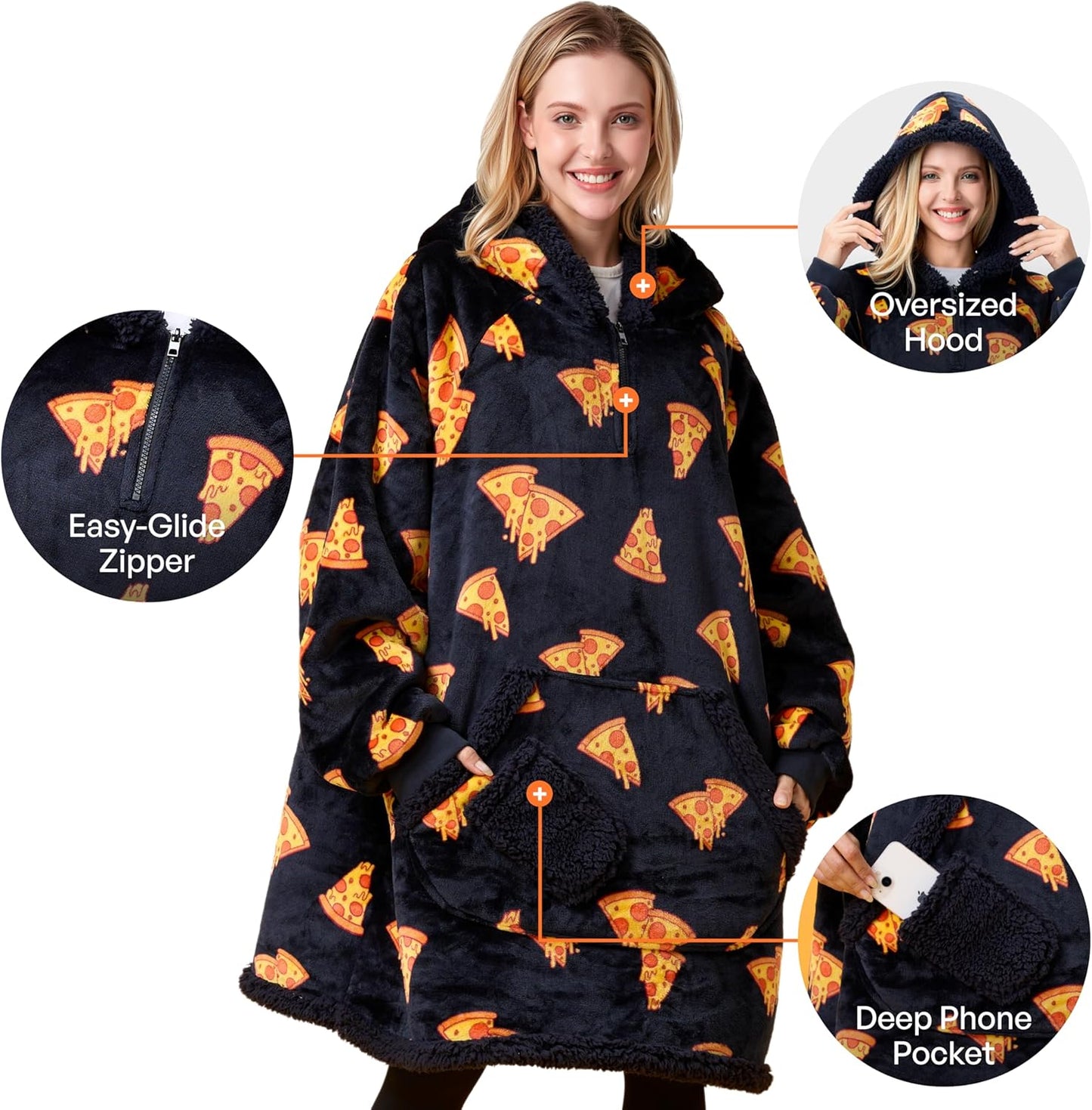 Tragbare Decken Hoodie aus Flanell Sherpa Fleece, Schwarze Pizza