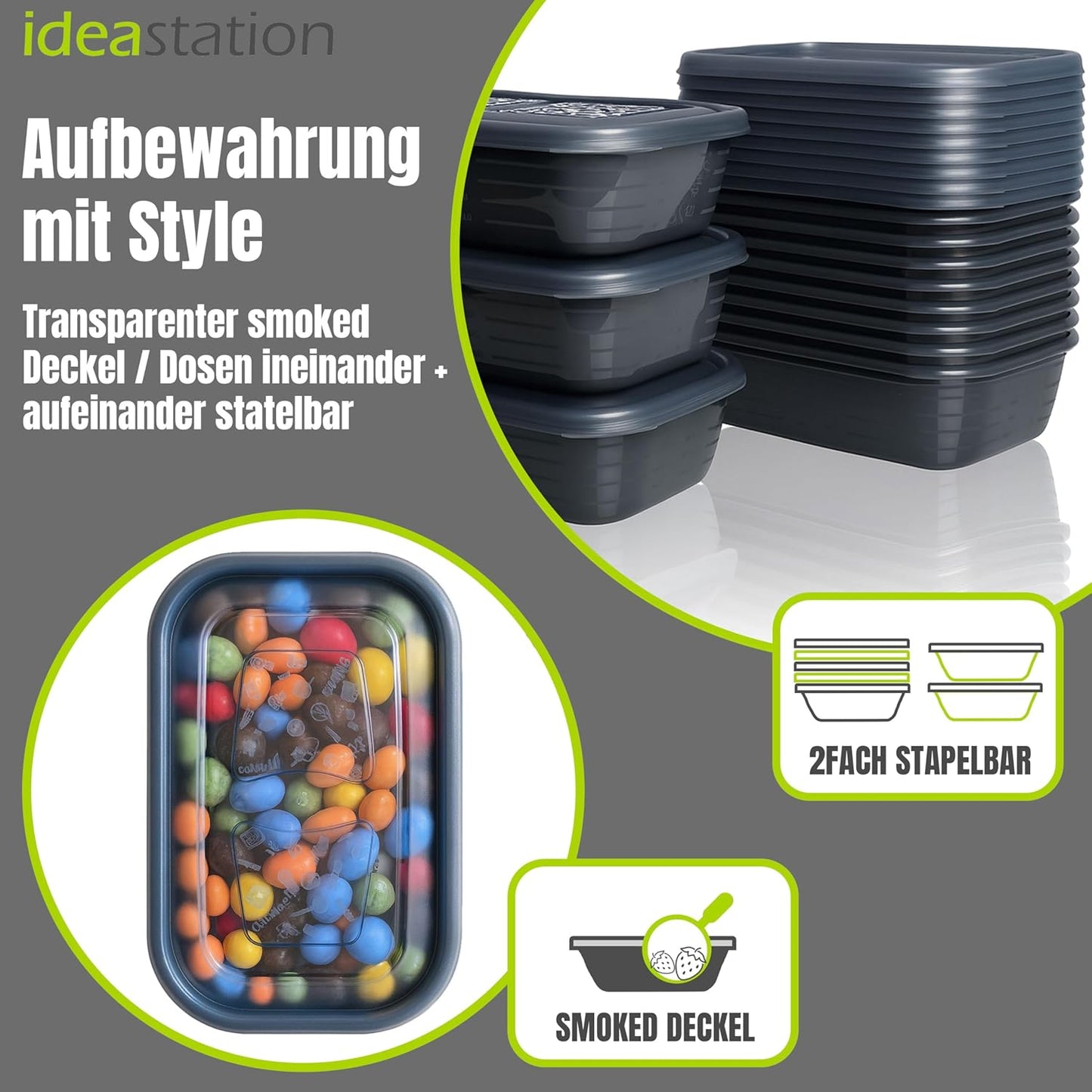 12-teiliges Gefrierdosen Set, 600 Ml / 12 Stück / Anthrazit