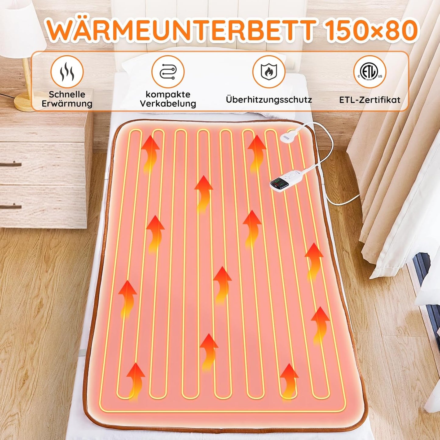 Heizdecke mit Abschaltautomatik und Timer, 150x80cm, Komfort Weiß