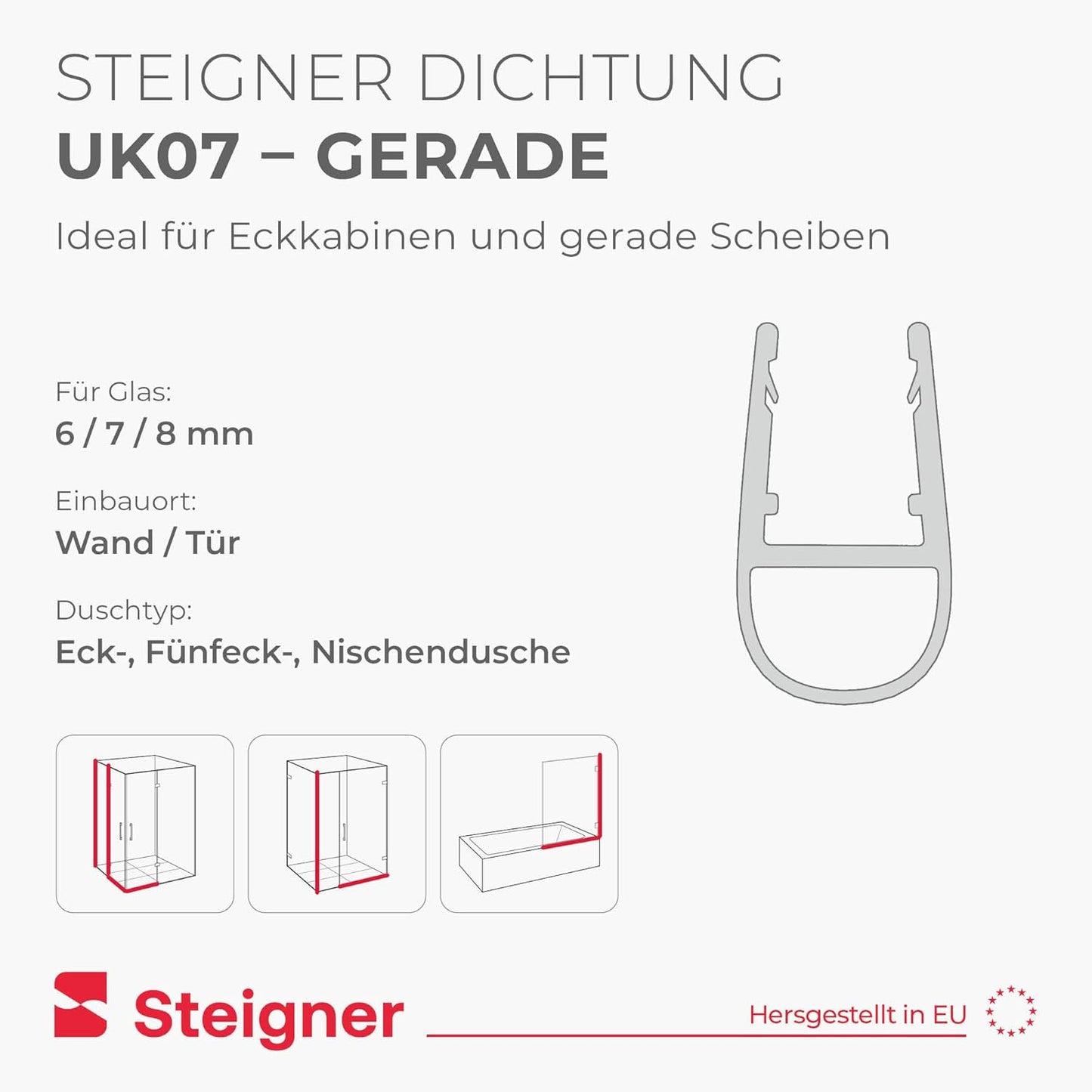 Duschdichtung für Eckeinstieg, UK07 - Gerade für 6mm/ 7mm/ 8mm Länge 110cm