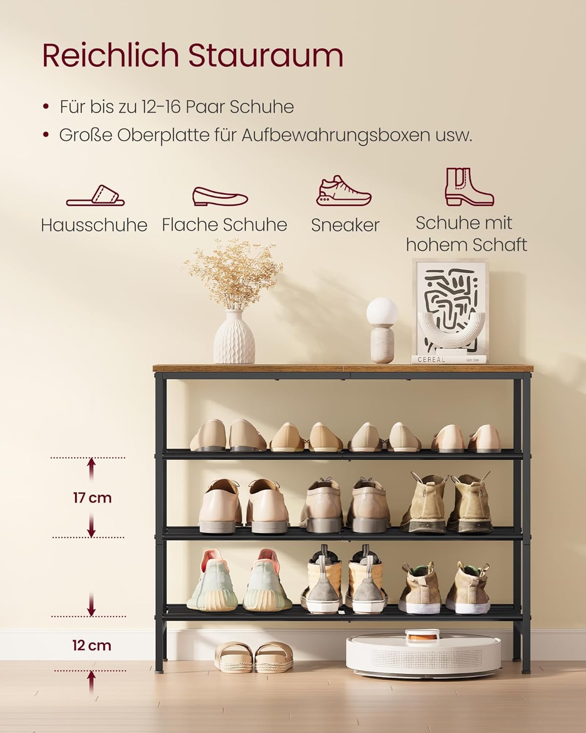 Schuhregal mit Sitzbank, 4 Ebenen, 12-16 Paar Schuhe, 4 Ebenen