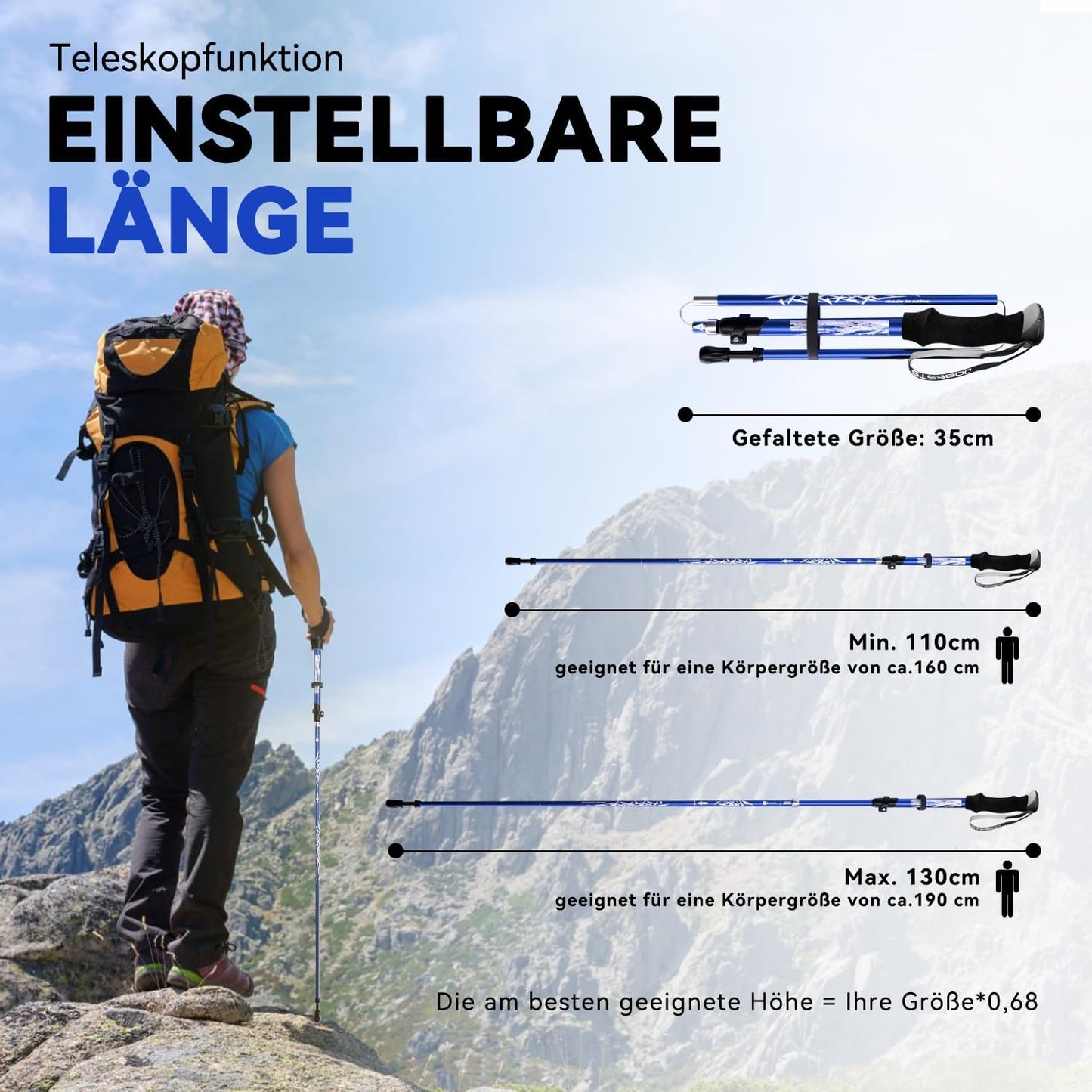 Faltbare Trekkingstöcke mit Gummipuffer und Tragebeutel, Blau