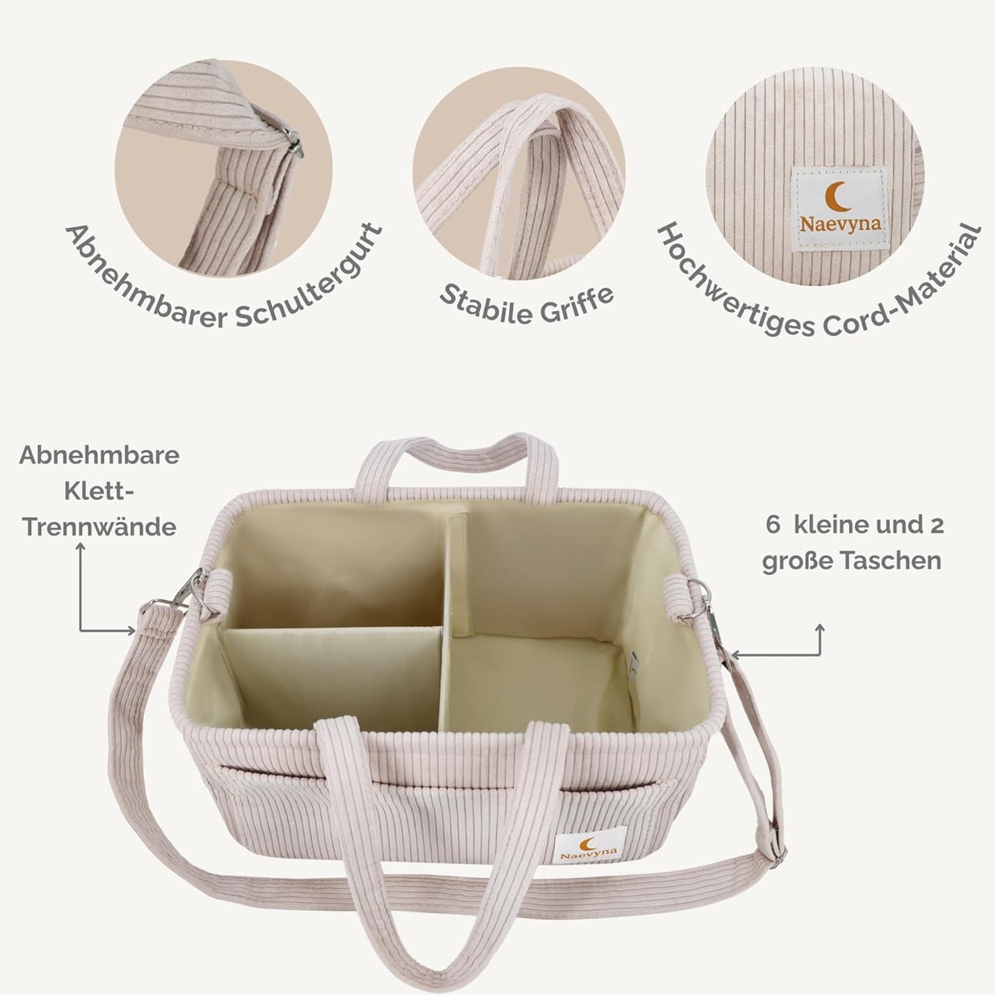 Wickelkorb Organizer-Set mit Schultergurt & Windeltasche, Beige