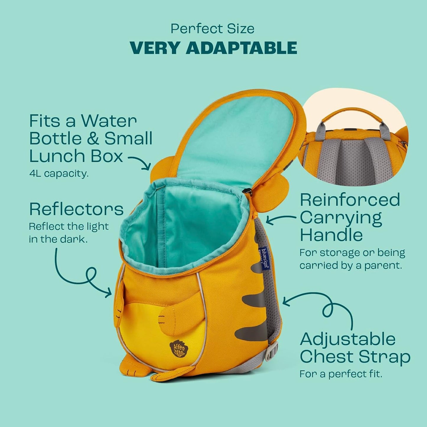 Kinderrucksack Kleiner Freund mit Ergonomie und Reflektoren, Einheitsgrösse Tiger - Gelb