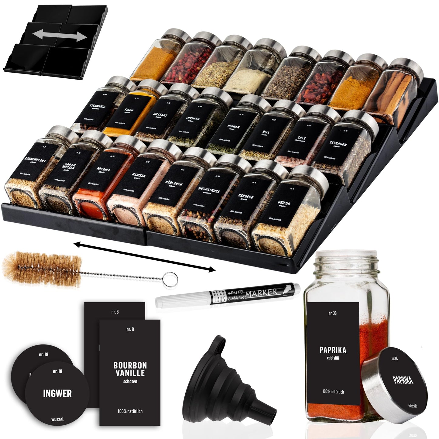 Gewürzgläser-Set mit Schubladeneinsatz, 24 Stk, ausziehbar, Schwarz, Deckel Edelstahl