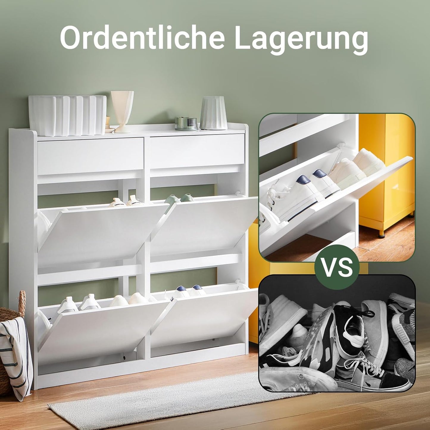 Schuhkipper mit 4 Klappen und Ablageflächen (schmal), Weiss Steinplatte