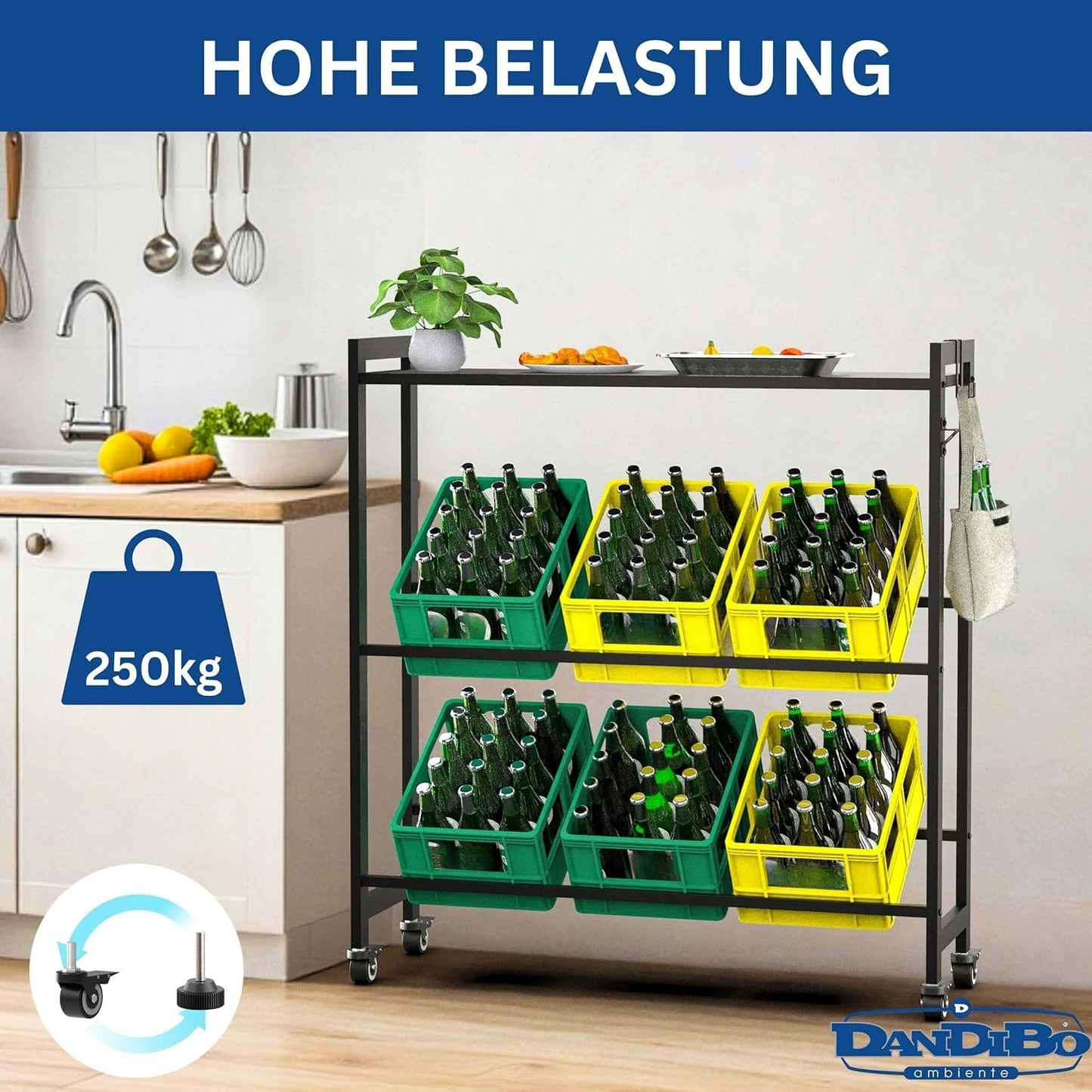 Getränkekistenregal mit Ablage und Rollen