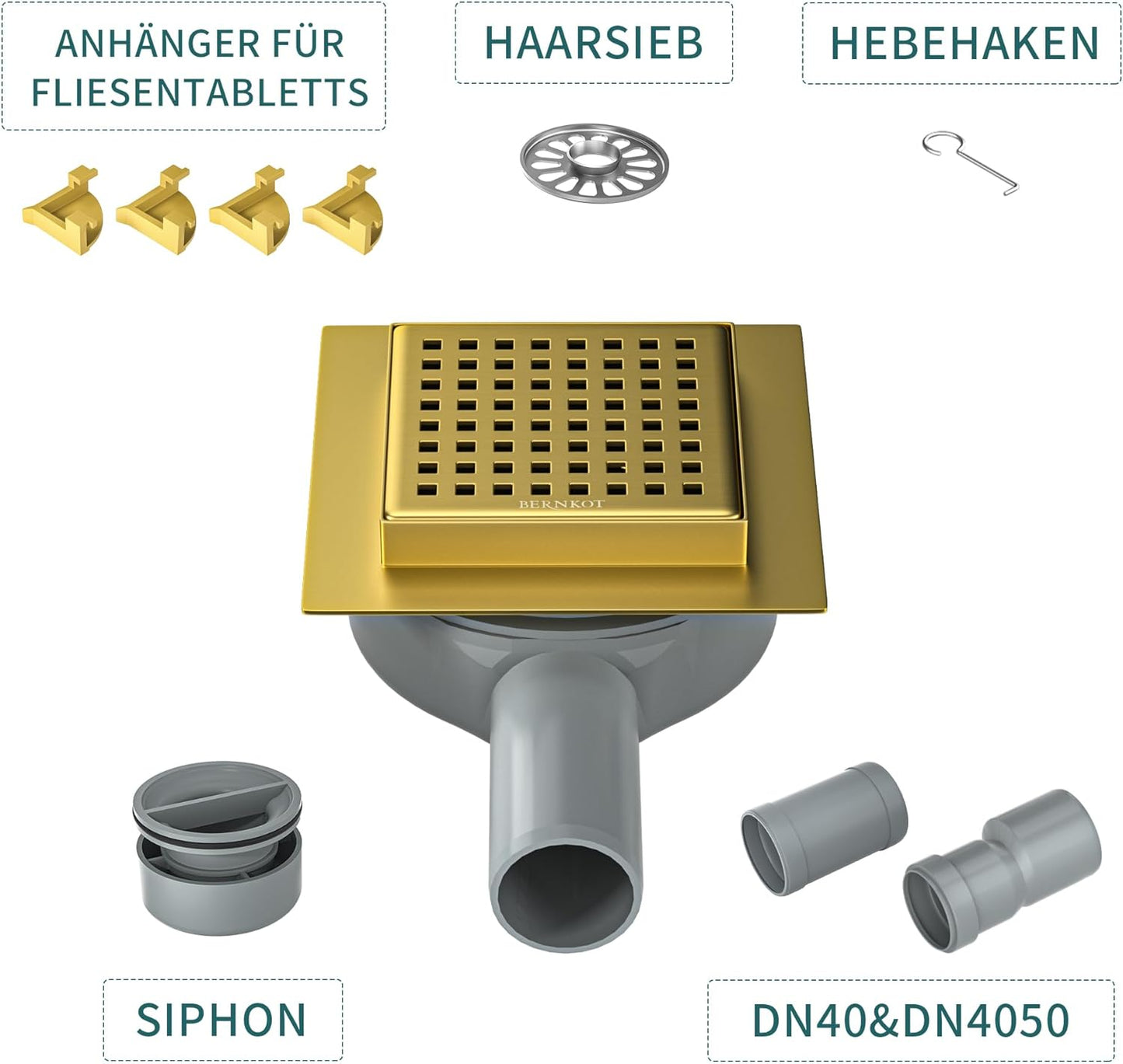 Quadratische Duschrinne mit Haarsieb, Gold 10cm