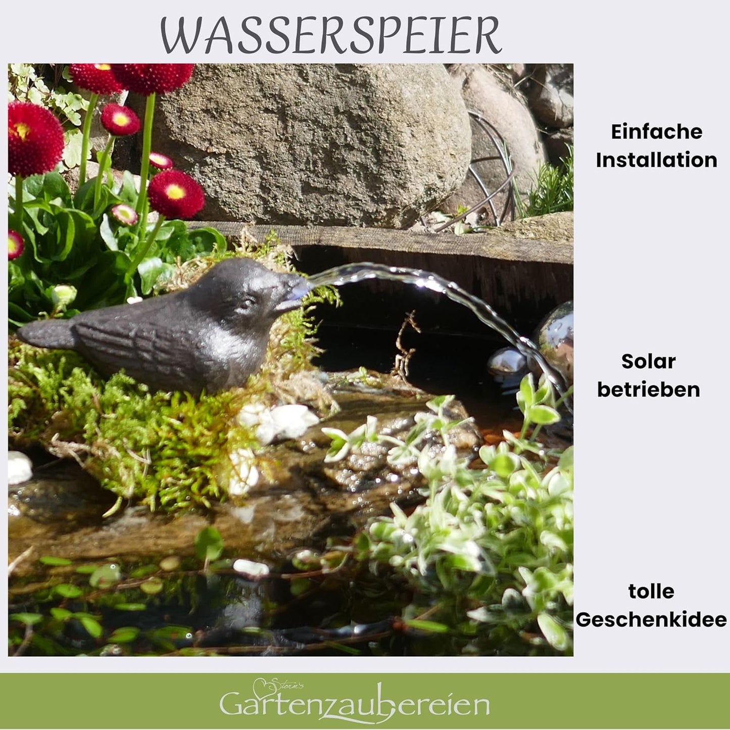 Wasserspeier Spatz mit Solar-Pumpe Teichdeko