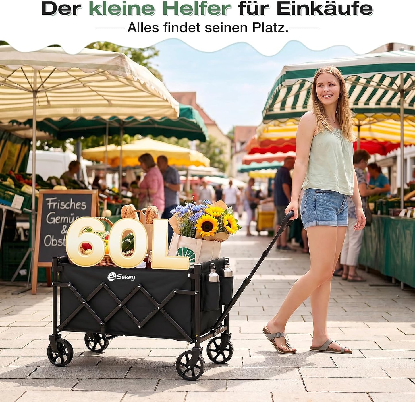 Faltbarer Bollerwagen mit verstellbarem Griff, Schwarz 60L