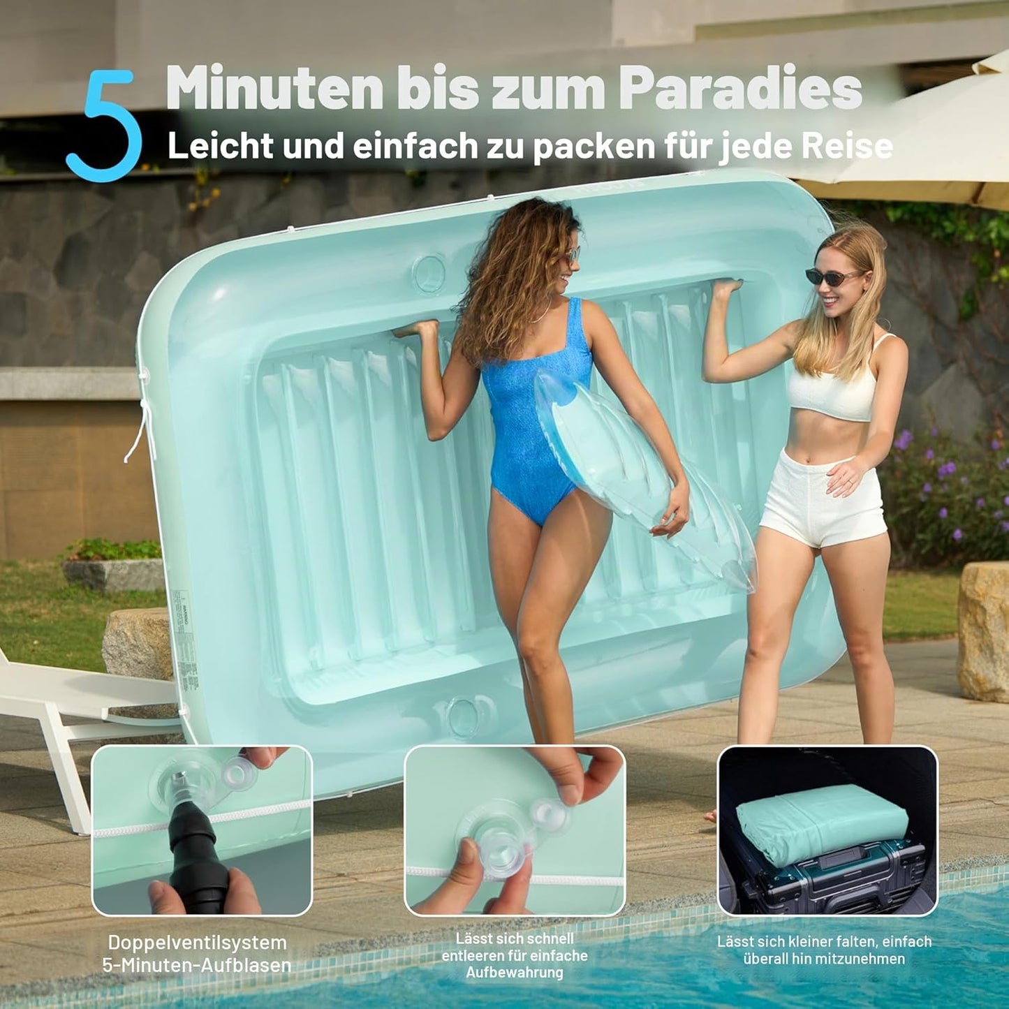 Aufblasbarer Sonnenpool mit abnehmbarem Kissen und Getränkehalter, Cyan XL