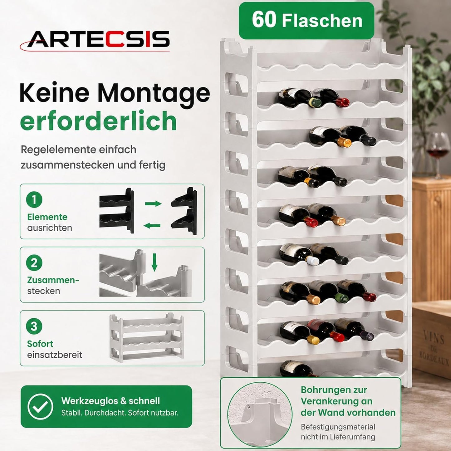 Stapelbares Weinregal für 60 Flaschen, Granitgrau 60 Flaschen