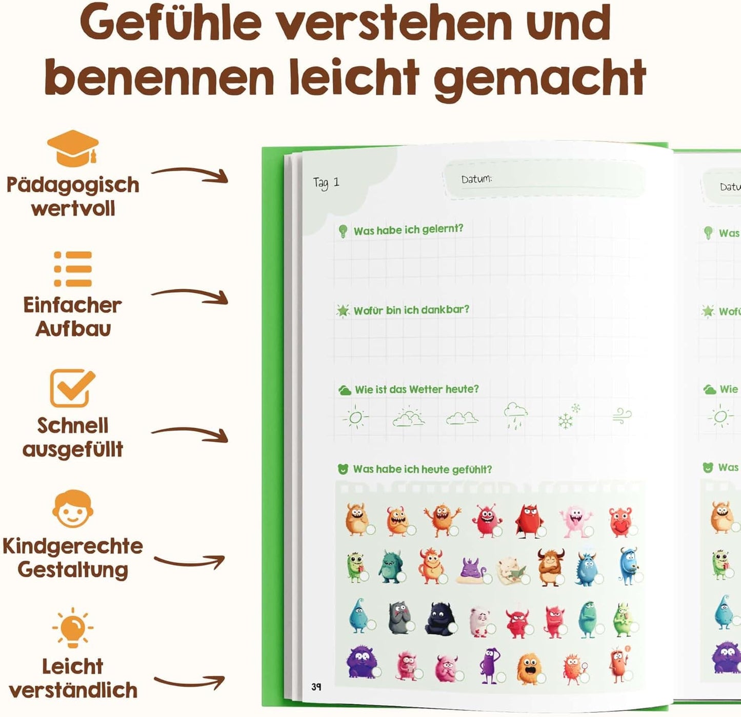 Gefühlstagebuch für Kinder mit Spielen, Grün