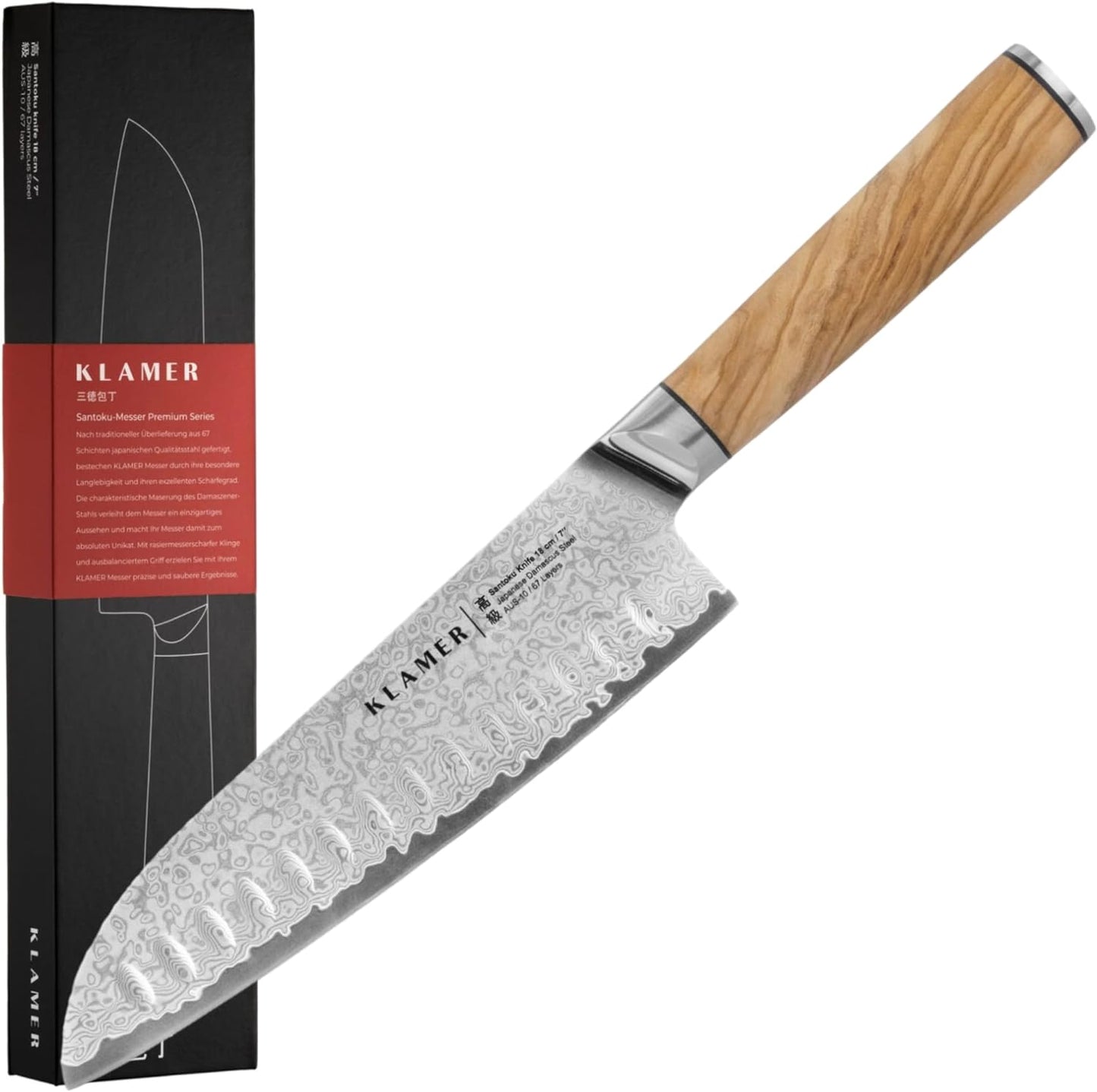 Premium Santoku, Premium Damastmesser Olivenholz, Santoku 18 cm
